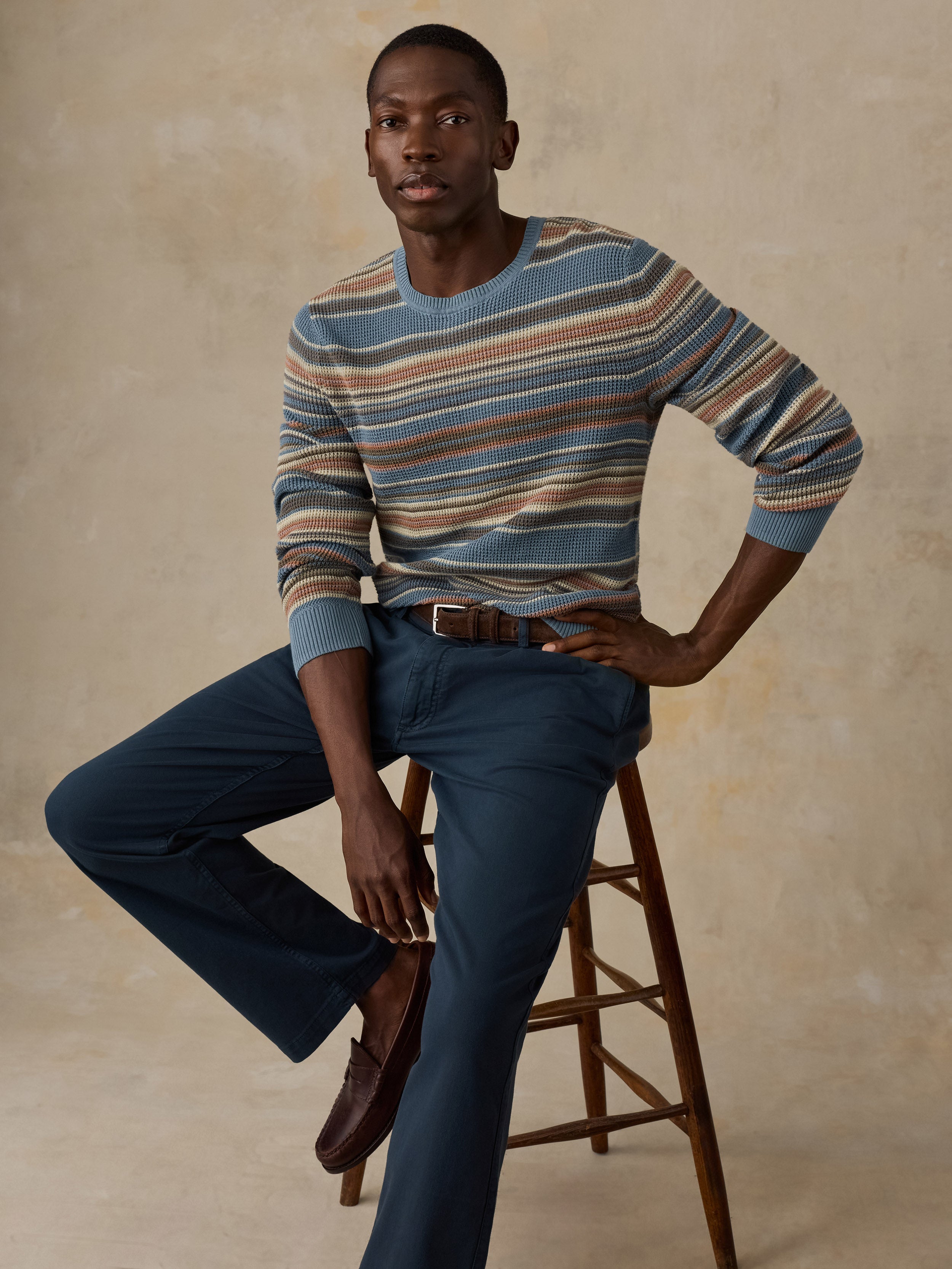 Sand Knit サンド ニット ■【 30‘s~40‘s Vintage Knitted sweater 】ヴィンテージ クルーネック ニット セーター Sunwashed Crewneck Sweater - Teal Sands Stripe | Faherty Brand