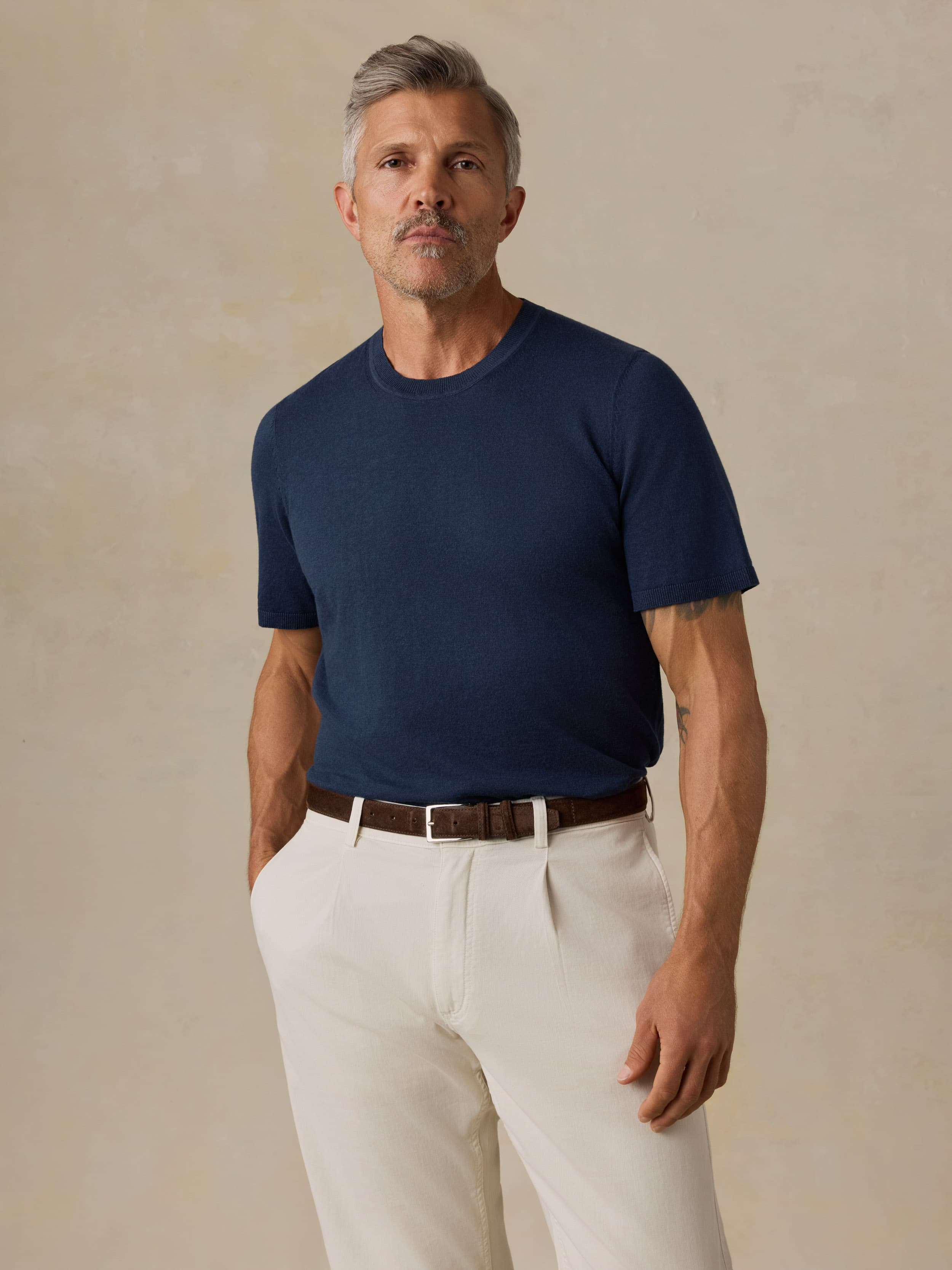 こ*た様 60s short sleeve sweat fade navy Short-Sleeve Sweater Tee - Deep Navy | Faherty Brand