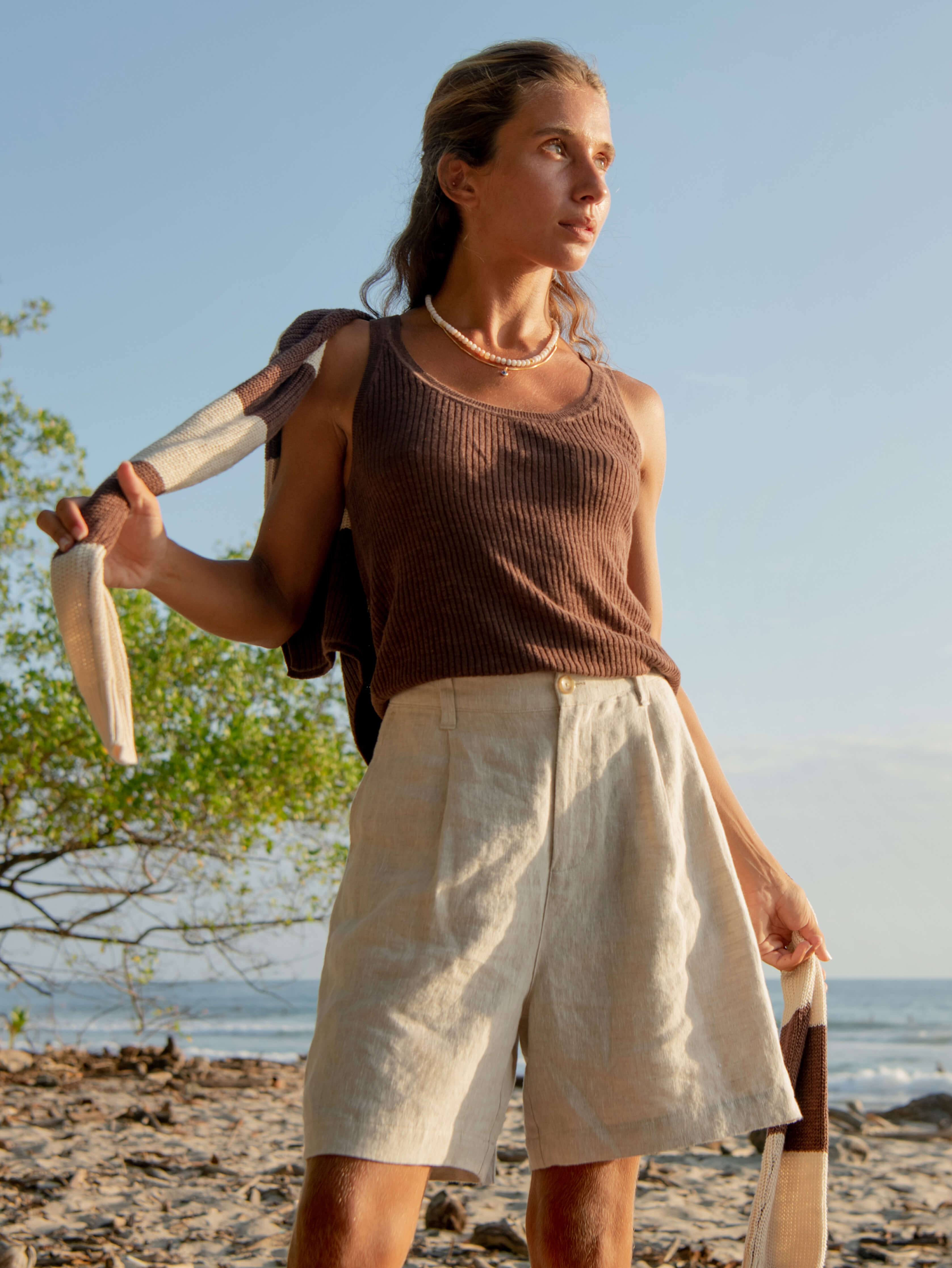 Miramar Linen Mini Rib Tank - Cocoa