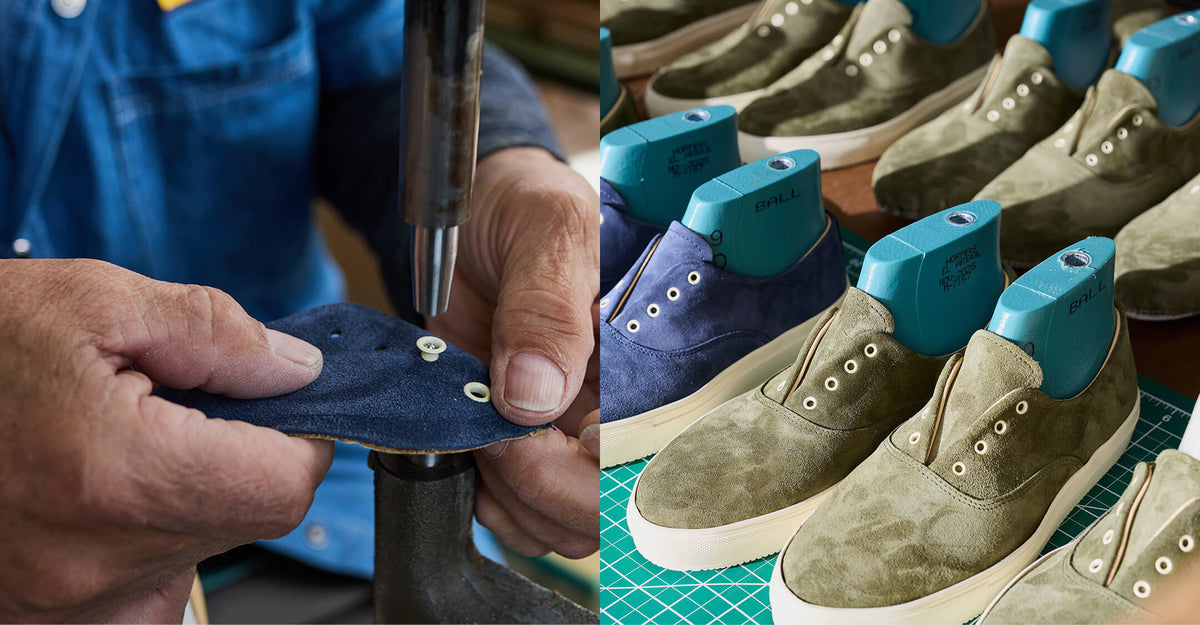 A diptych of a shoemaker manufacturing an opie shoe, and an assortment of opie shoes at the factory