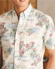 Close up image of floral print button up short sleeve Breeze shirt.