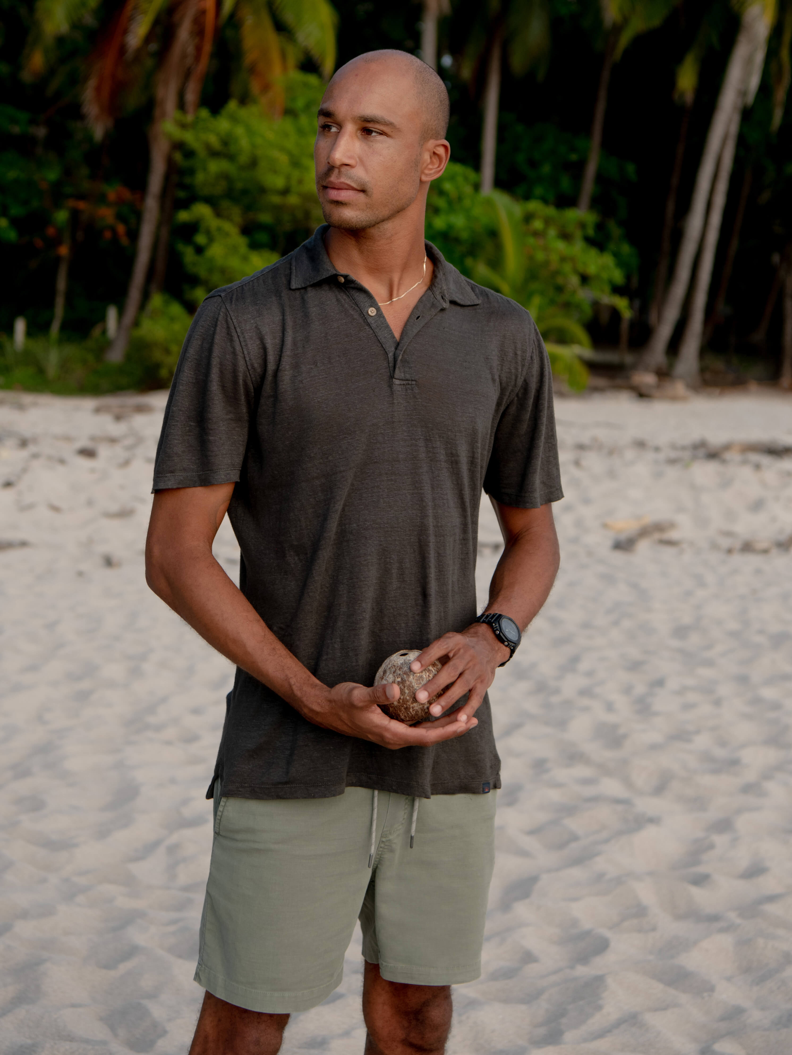 Short-Sleeve Linen Polo - Washed Black