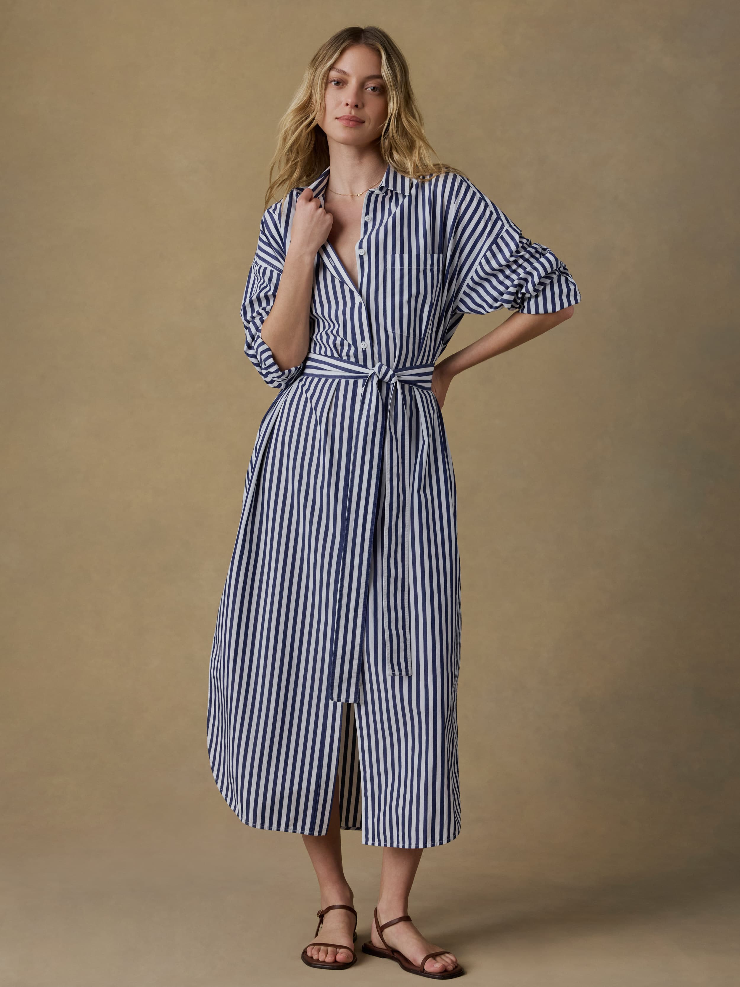 white christmas dresses Andrea Cotton Shirt Dress in Blue & White Pinstripe