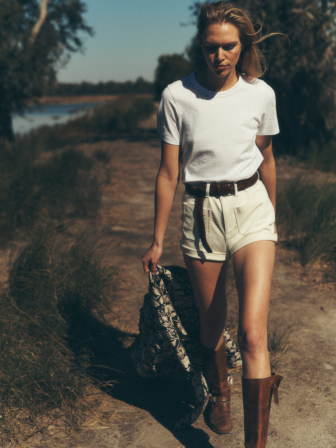 Female model wearing cotton tee shirt and stretch terry shorts