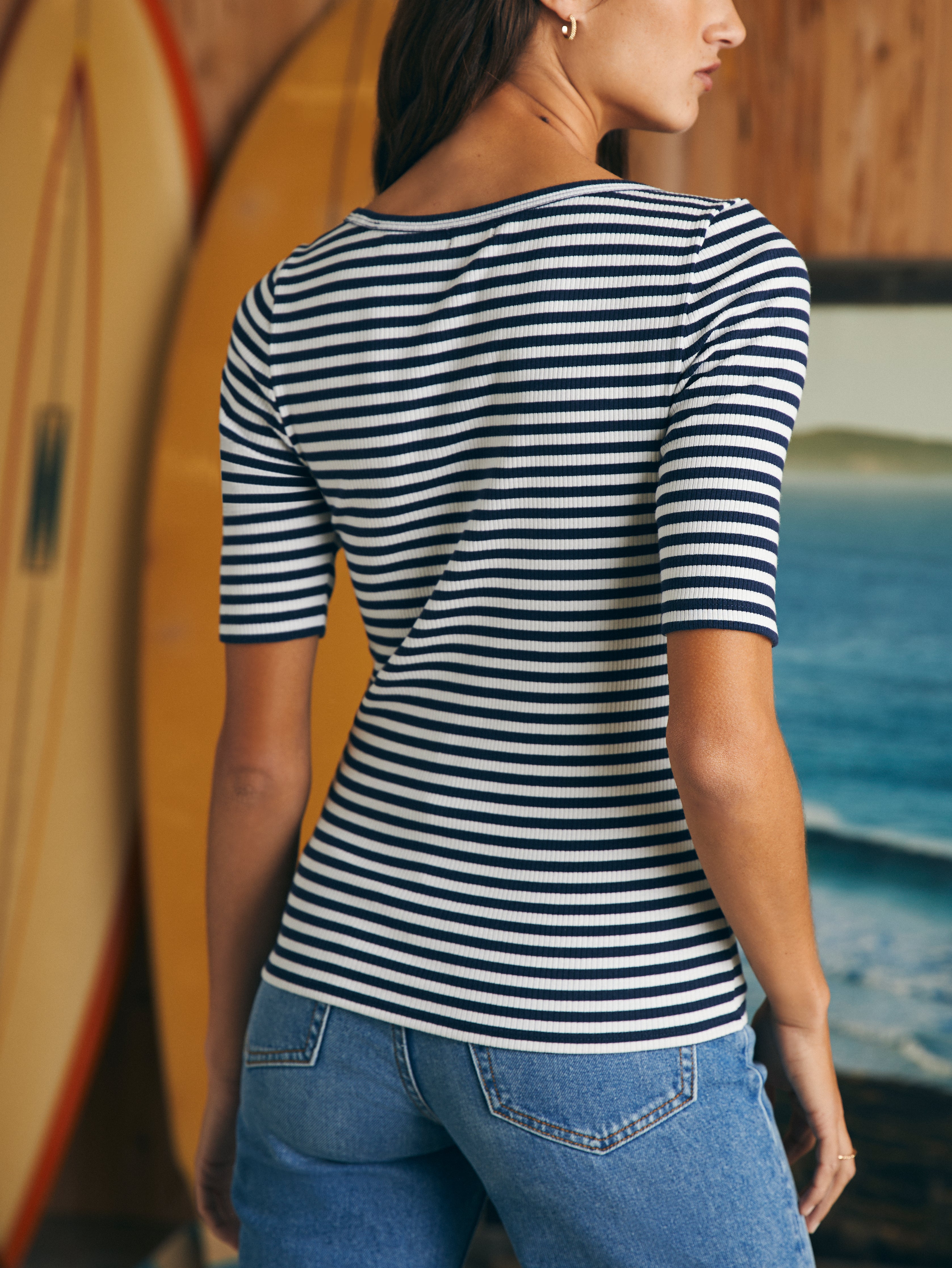 Freestyle Rib Elbow Sleeve Knit Tee - Seaside Stripe