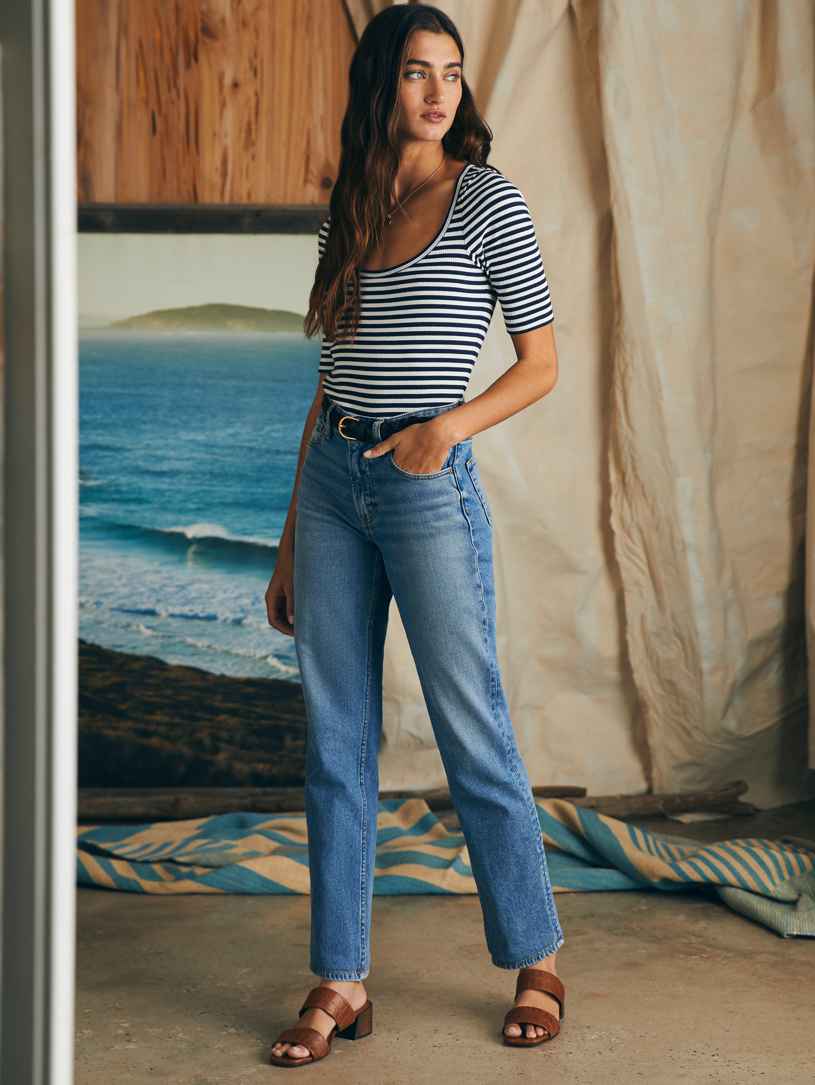 Freestyle Rib Elbow Sleeve Knit Tee - Seaside Stripe