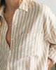 Close up image of Linen Laguna button up shirt in Tan Stripe.