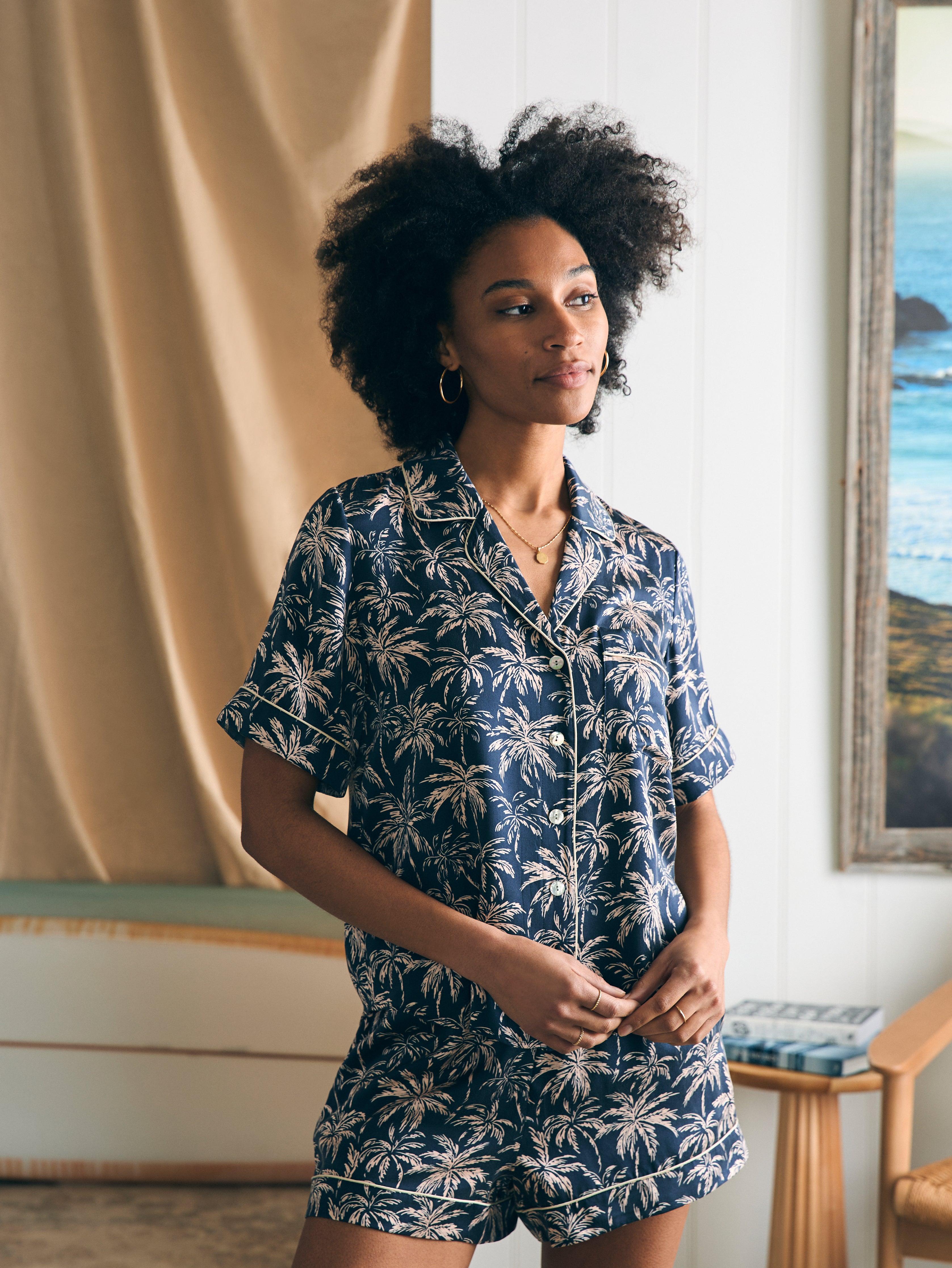 Sandwashed Silk Short Sleeve Pajama Set - Navy Tropic Trees