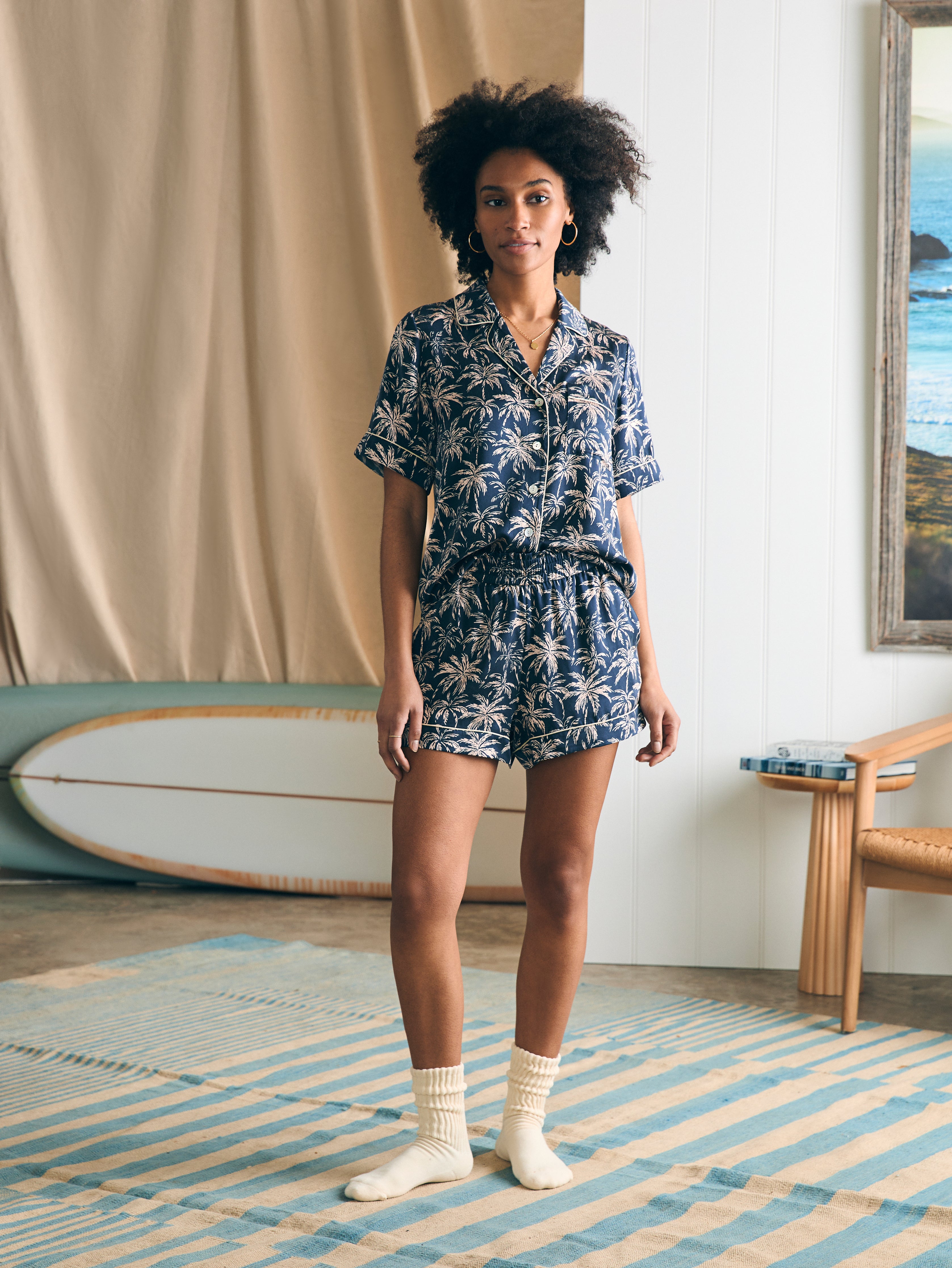 Sandwashed Silk Short Sleeve Pajama Set - Navy Tropic Trees