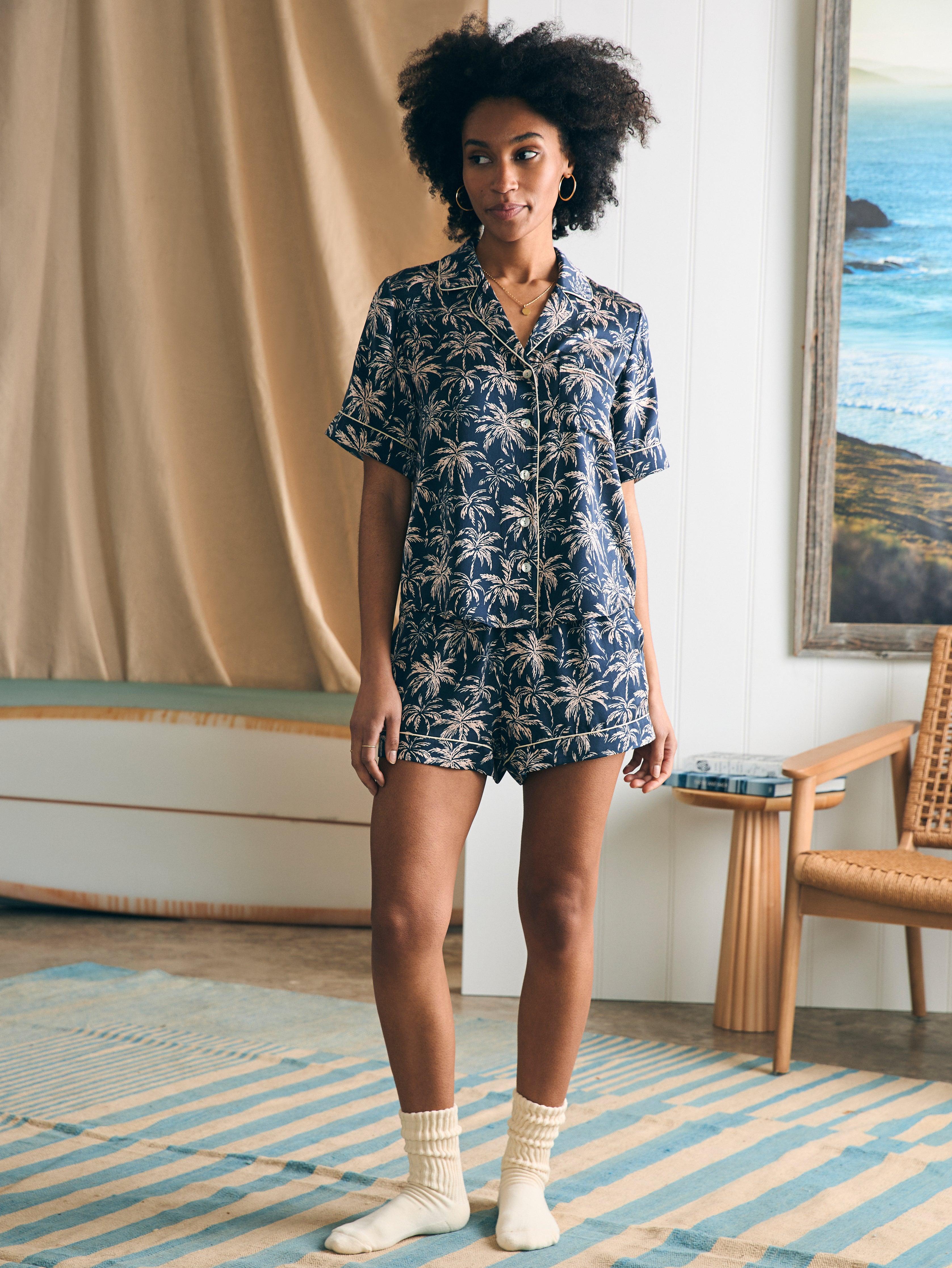 Sandwashed Silk Short Sleeve Pajama Set - Navy Tropic Trees