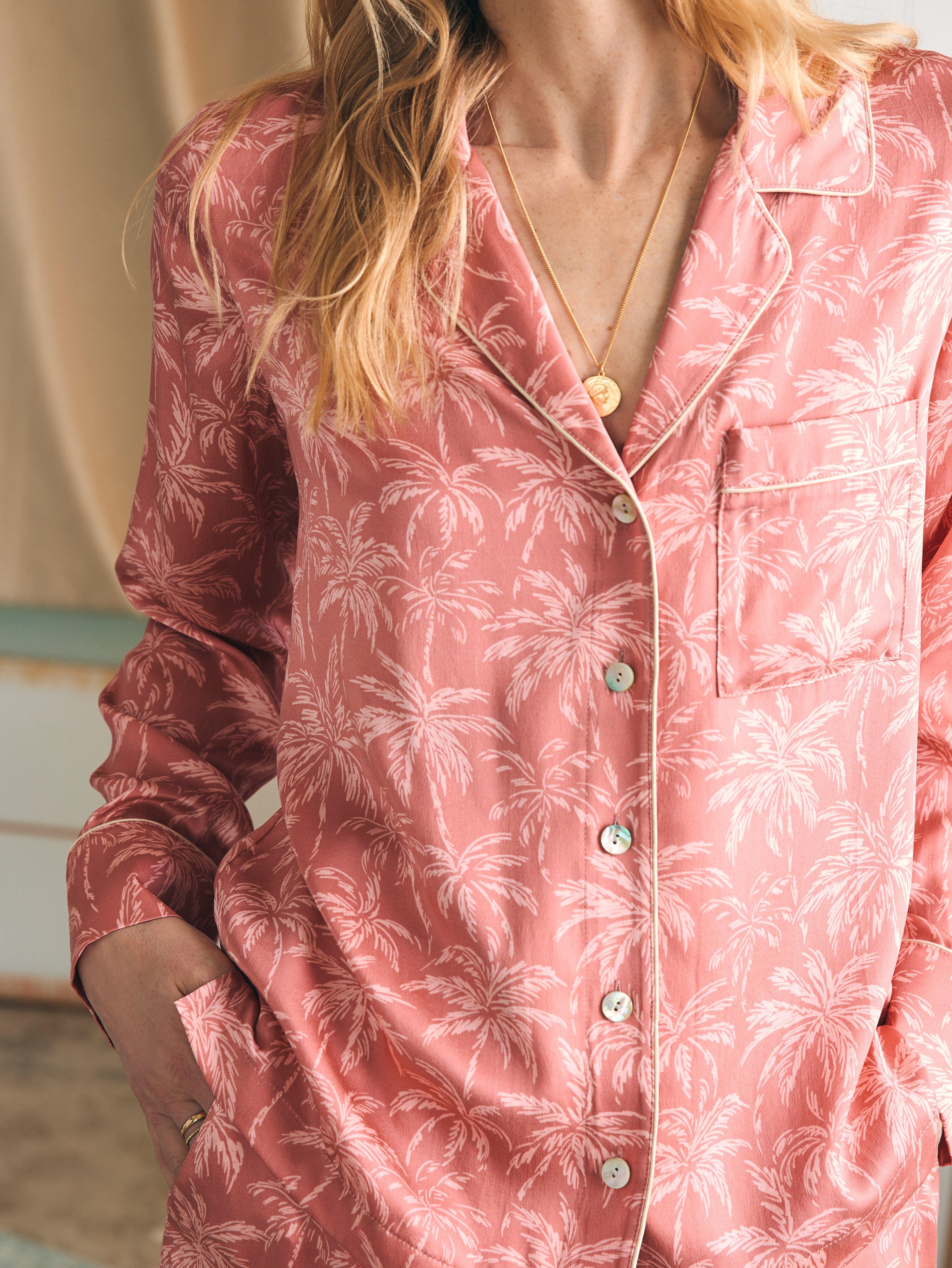 Sandwashed Silk Long Sleeve Pajama Set - Rose Tropic Trees