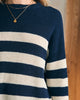 Close up image of Miramar Linen Crew sweater in Navy Stripe.