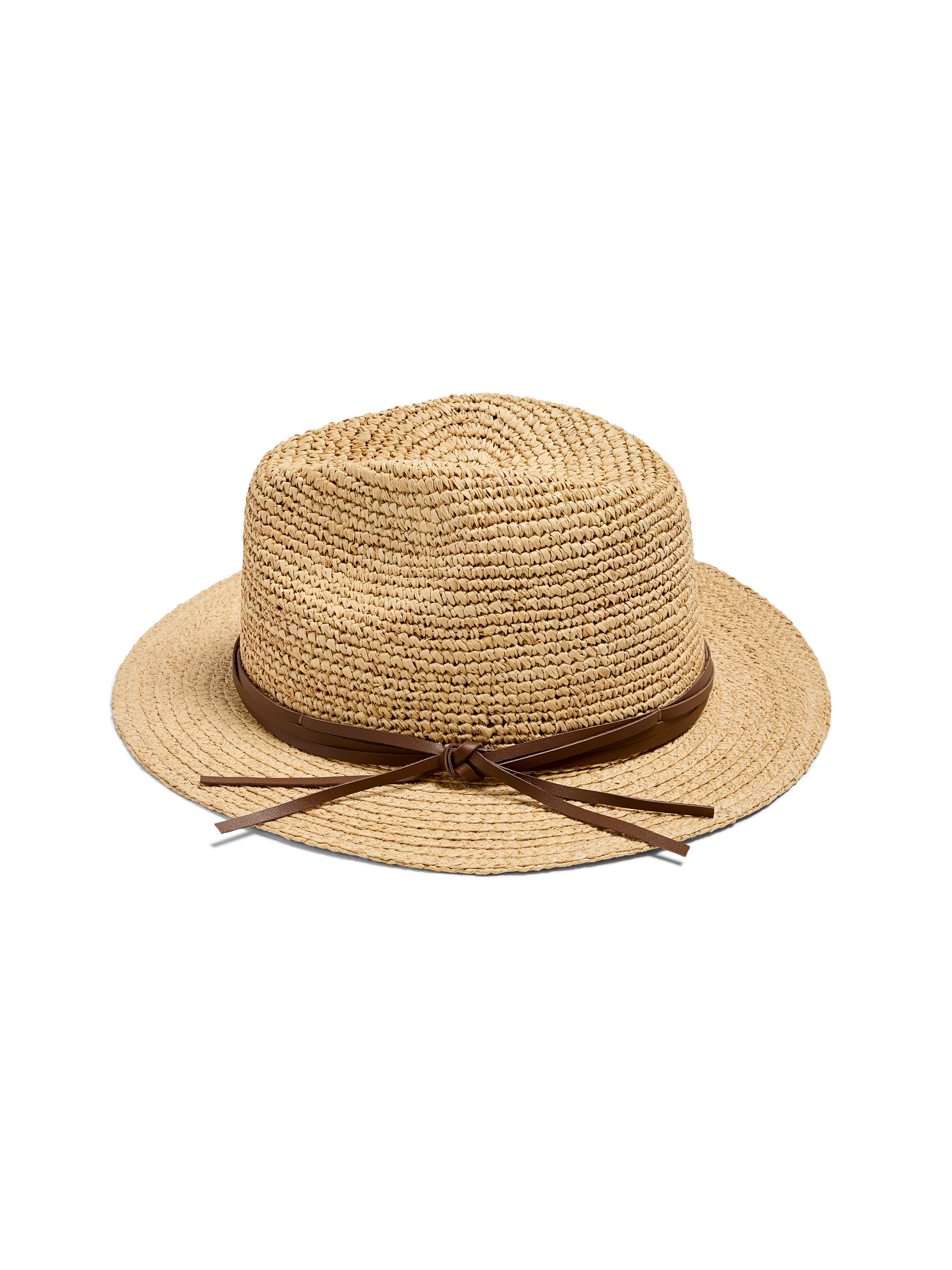 Raffia Trim Crochet Fedora - Natural