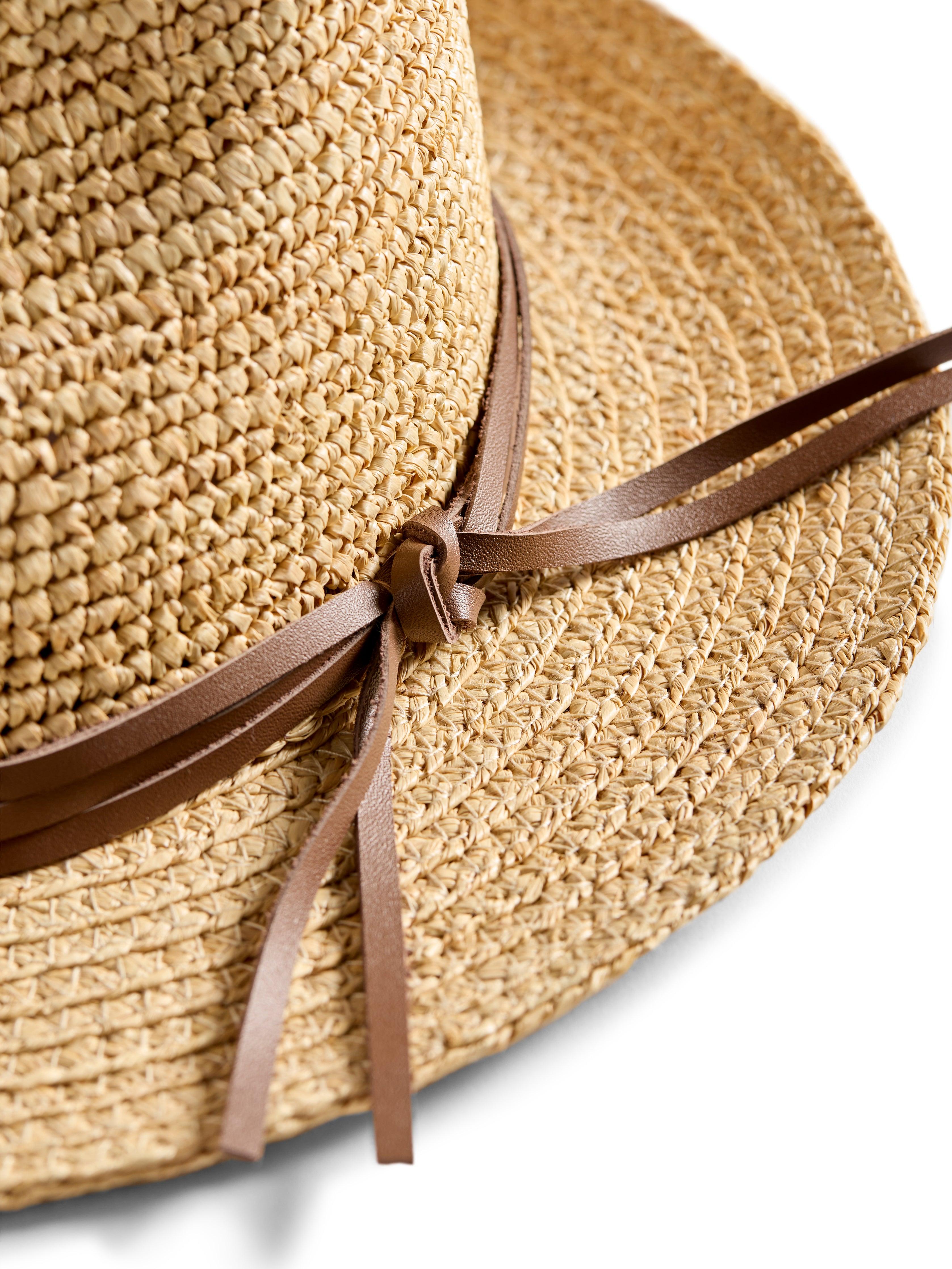 Raffia Trim Crochet Fedora - Natural