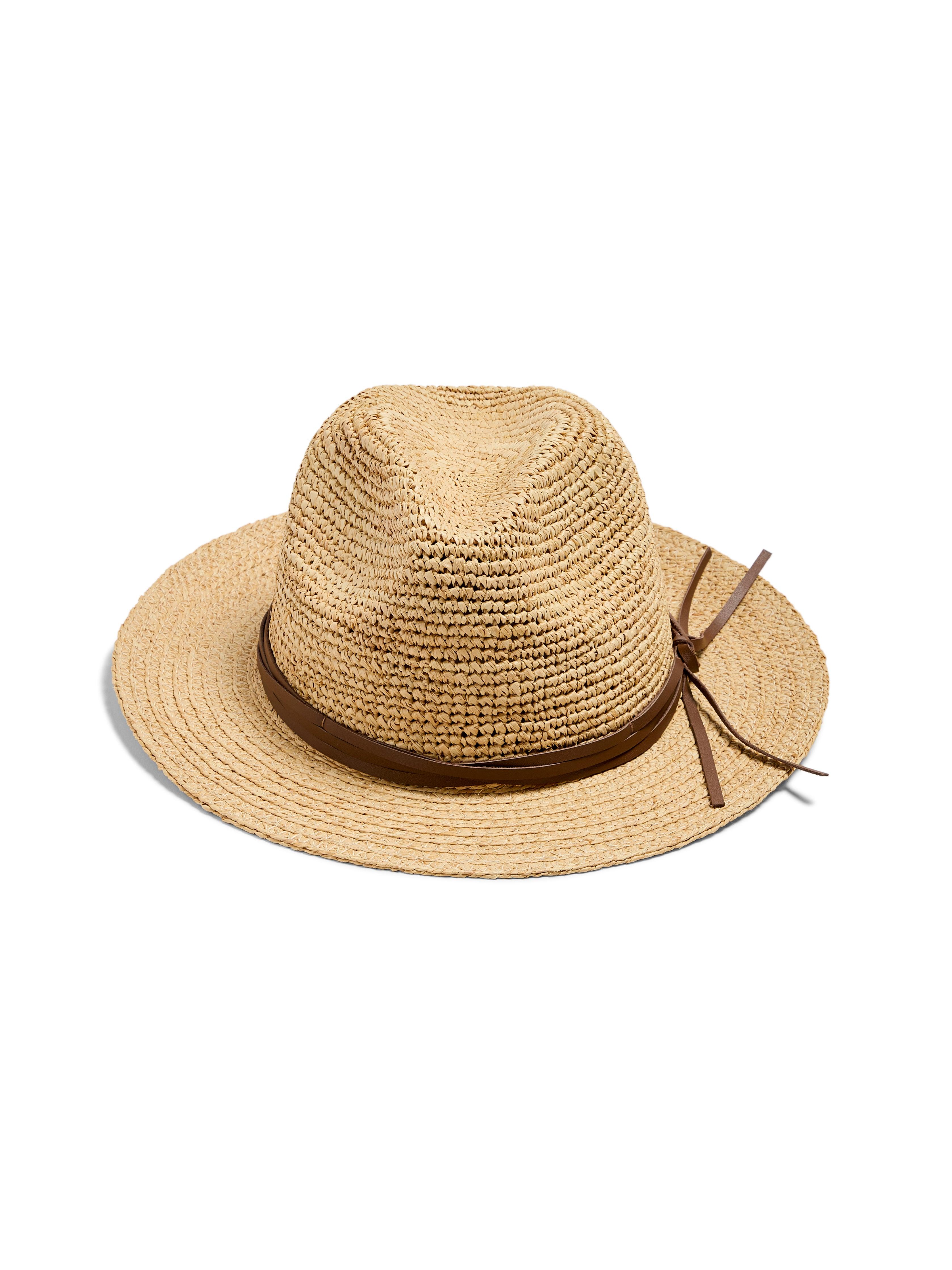 Raffia Trim Crochet Fedora - Natural