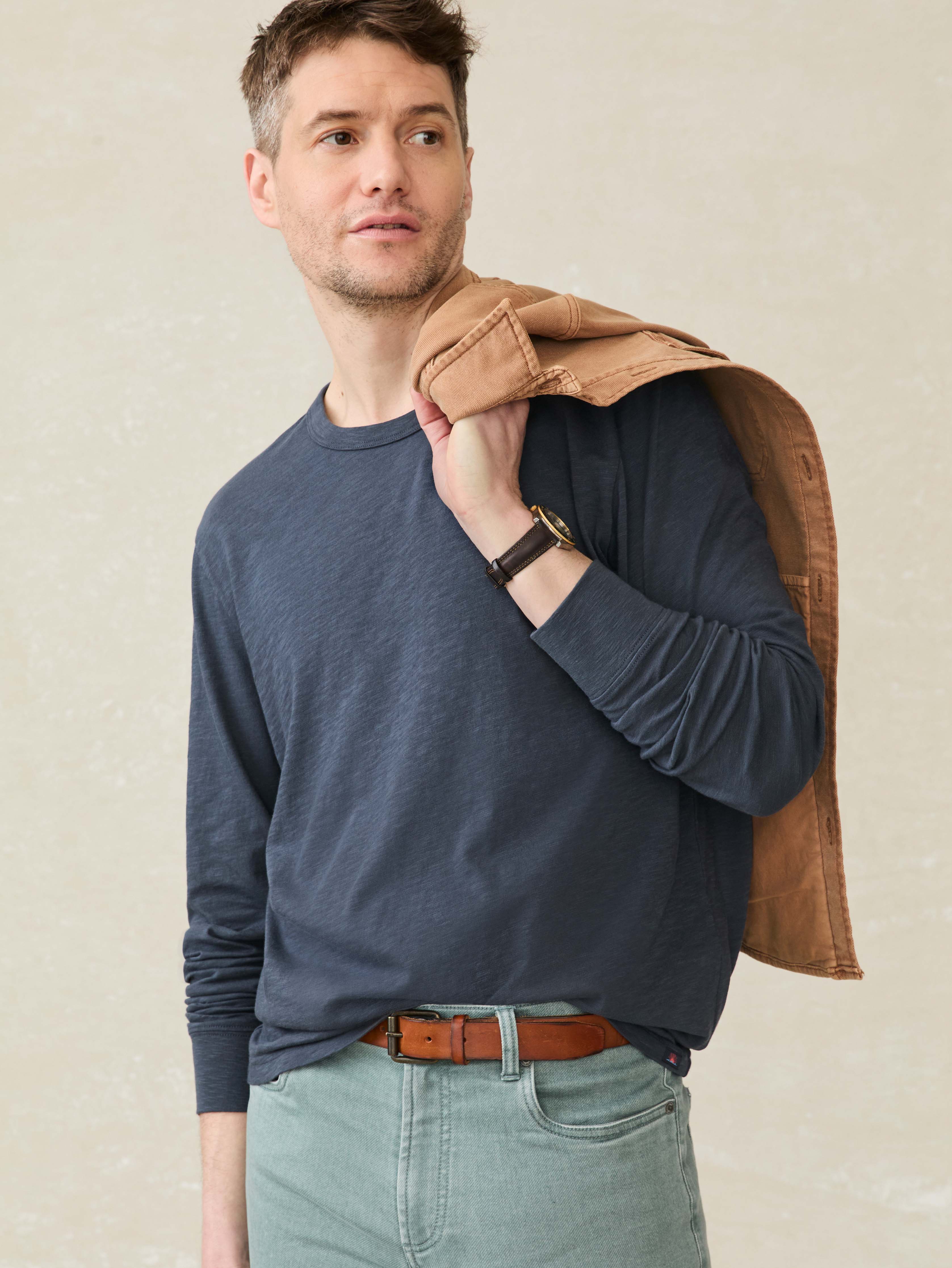 Long-Sleeve Sunwashed Regenerative Cotton Tee - Dune Navy