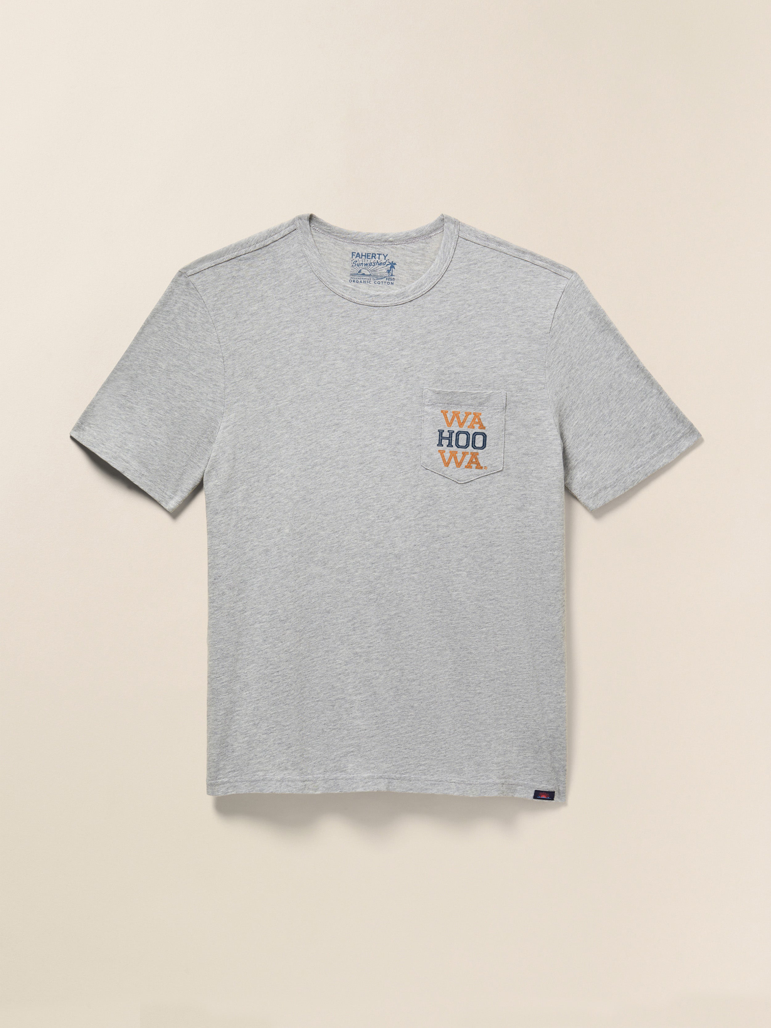 Grey short sleeve t-shirt with University of Virginia graphic on front chest pocket against a beige background