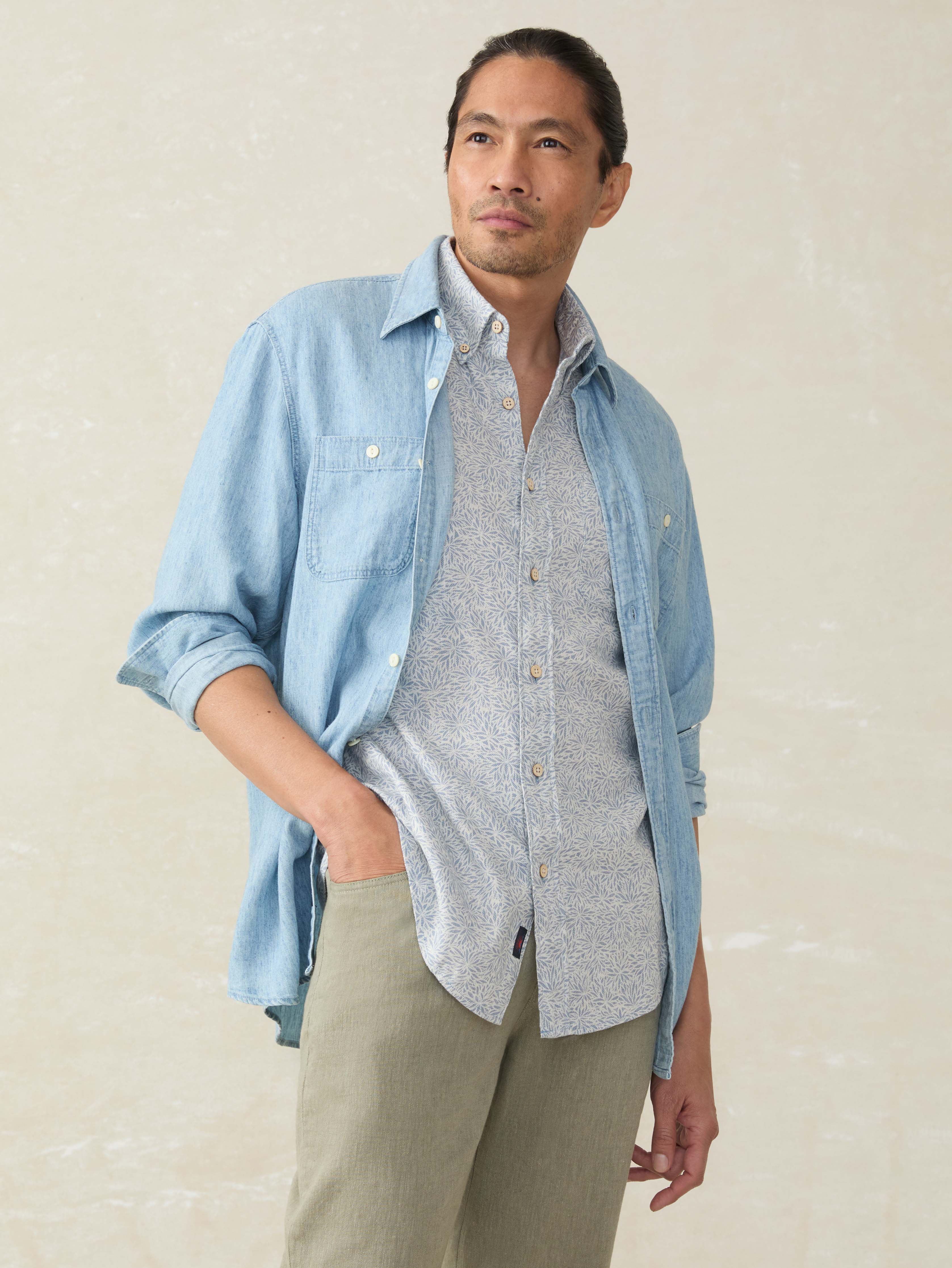 Short- Sleeve Breeze Shirt - Sky Blue Frond