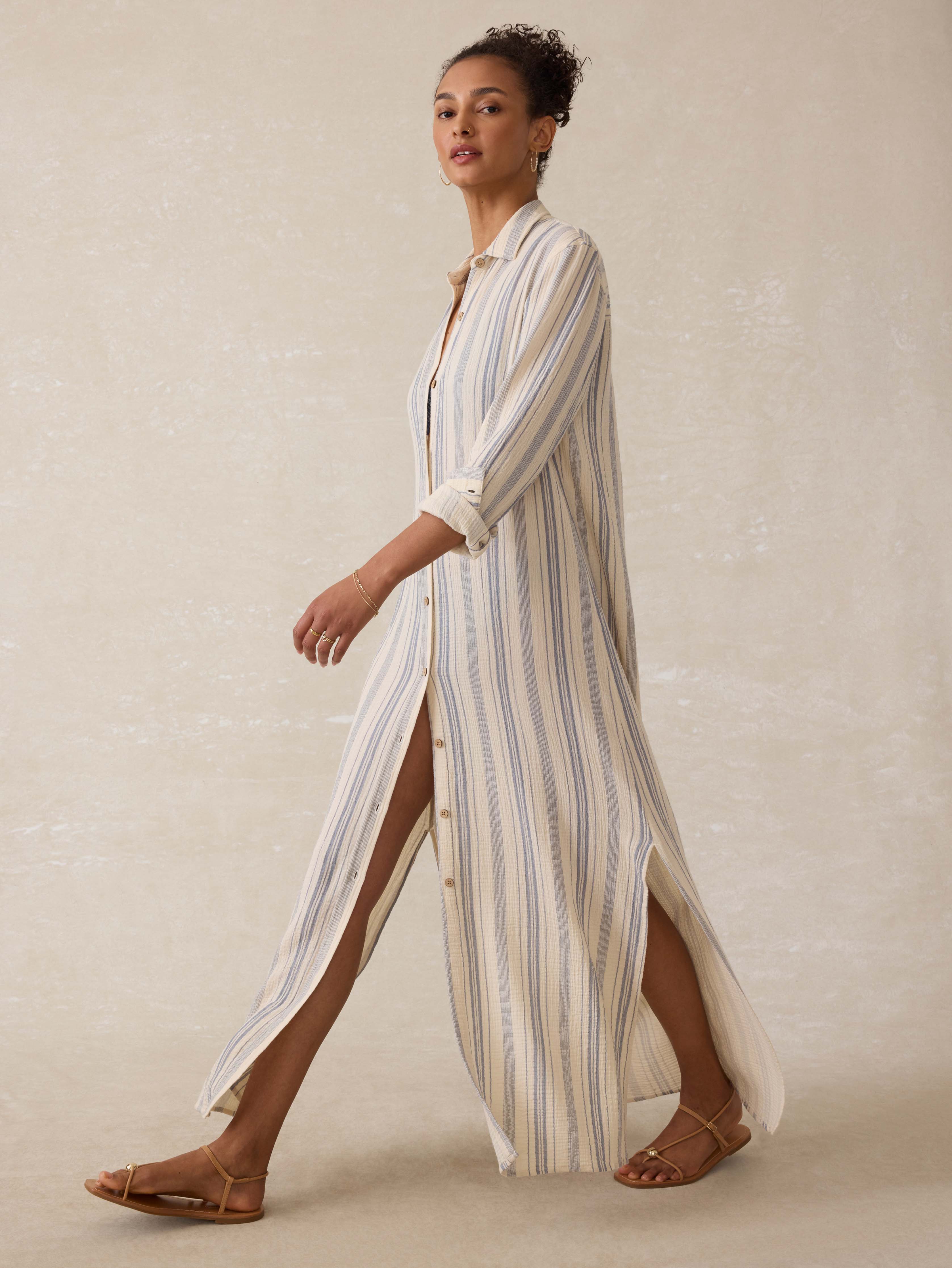 Dune Cotton Gauze Isla Shirtdress - Aqua Sea Stripe