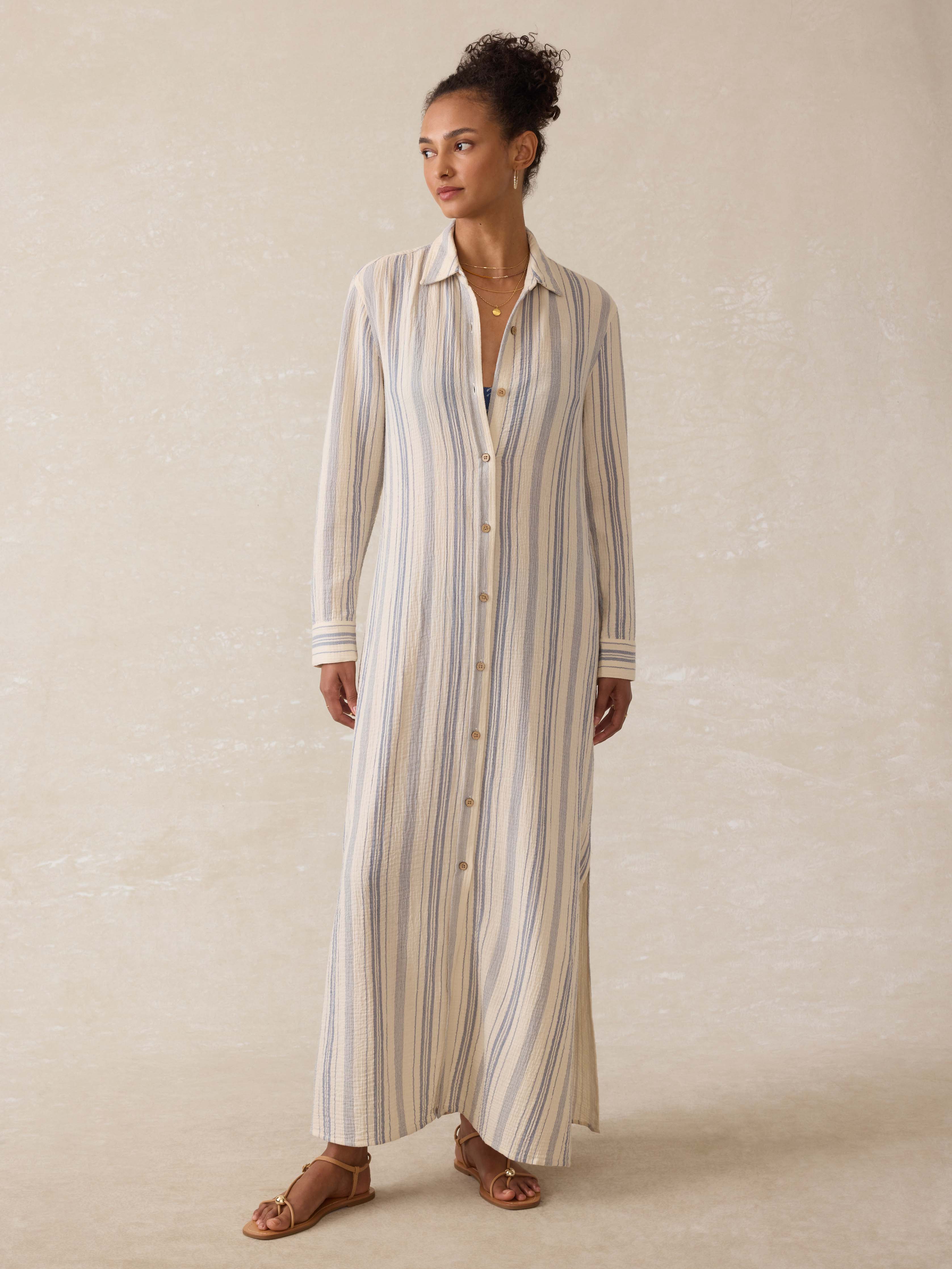 Dune Cotton Gauze Isla Shirtdress - Aqua Sea Stripe