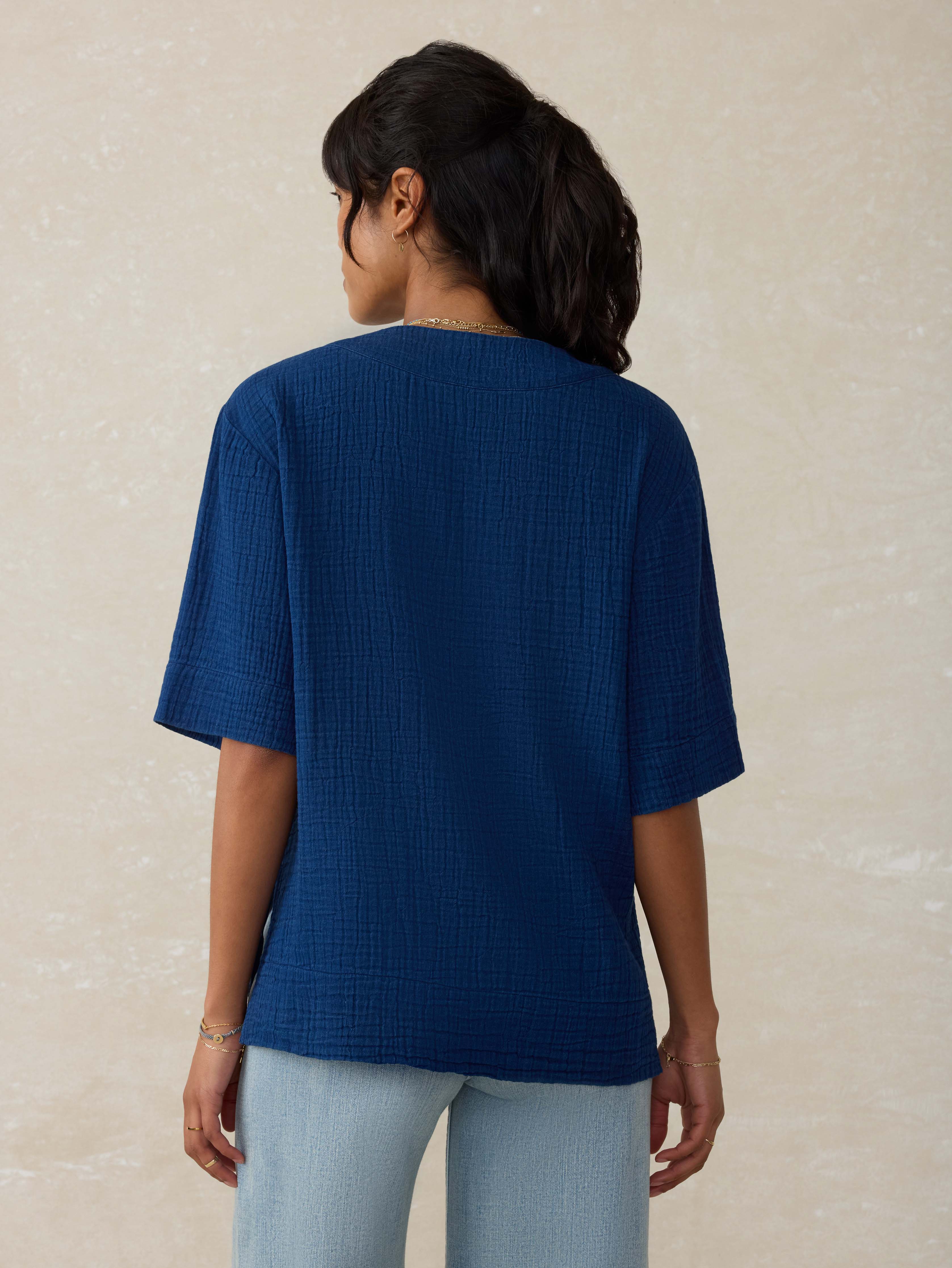 Dune Cotton Gauze Short Sleeve Popover - Dark Indigo Wash