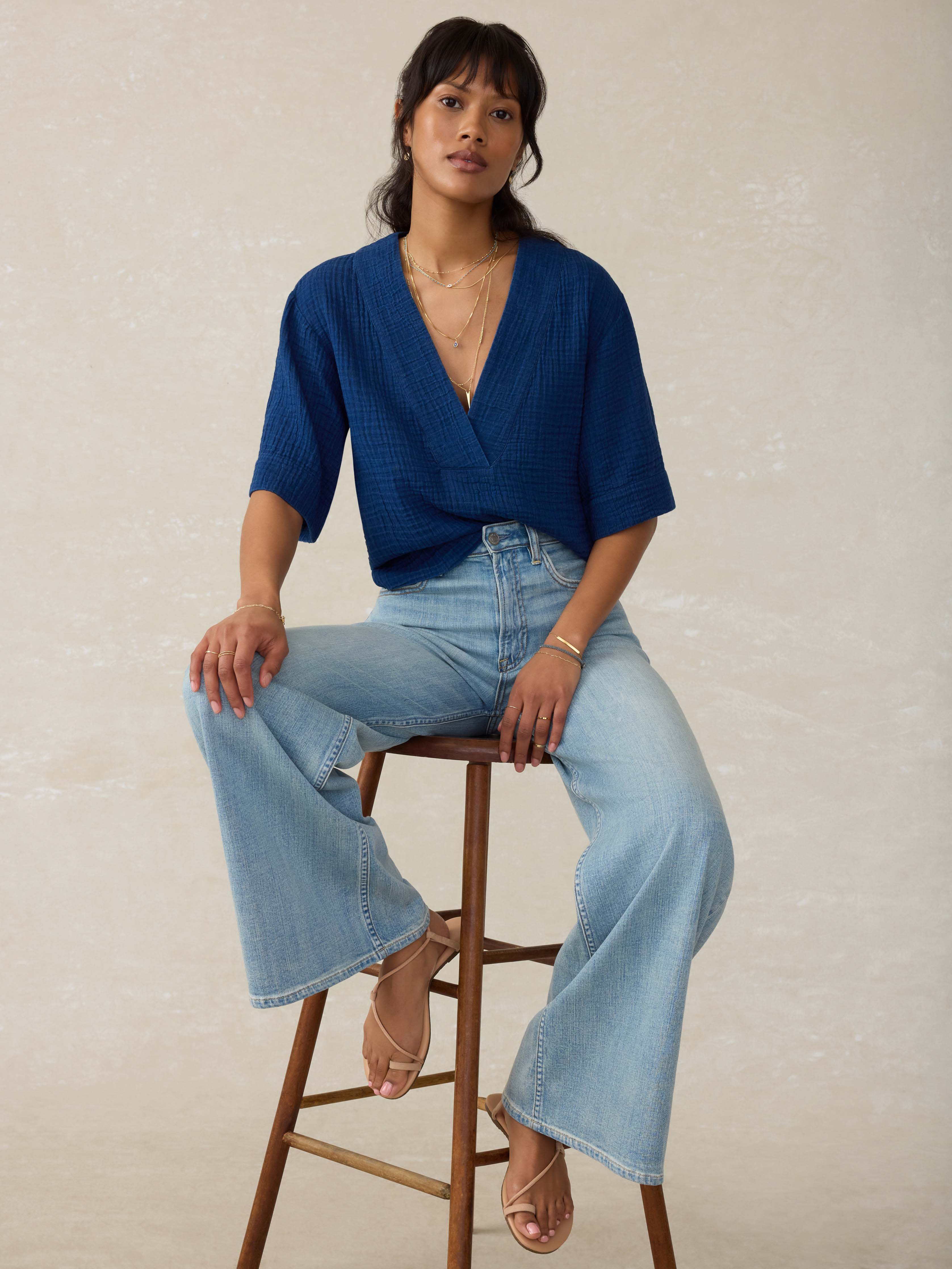 Dune Cotton Gauze Short Sleeve Popover - Dark Indigo Wash