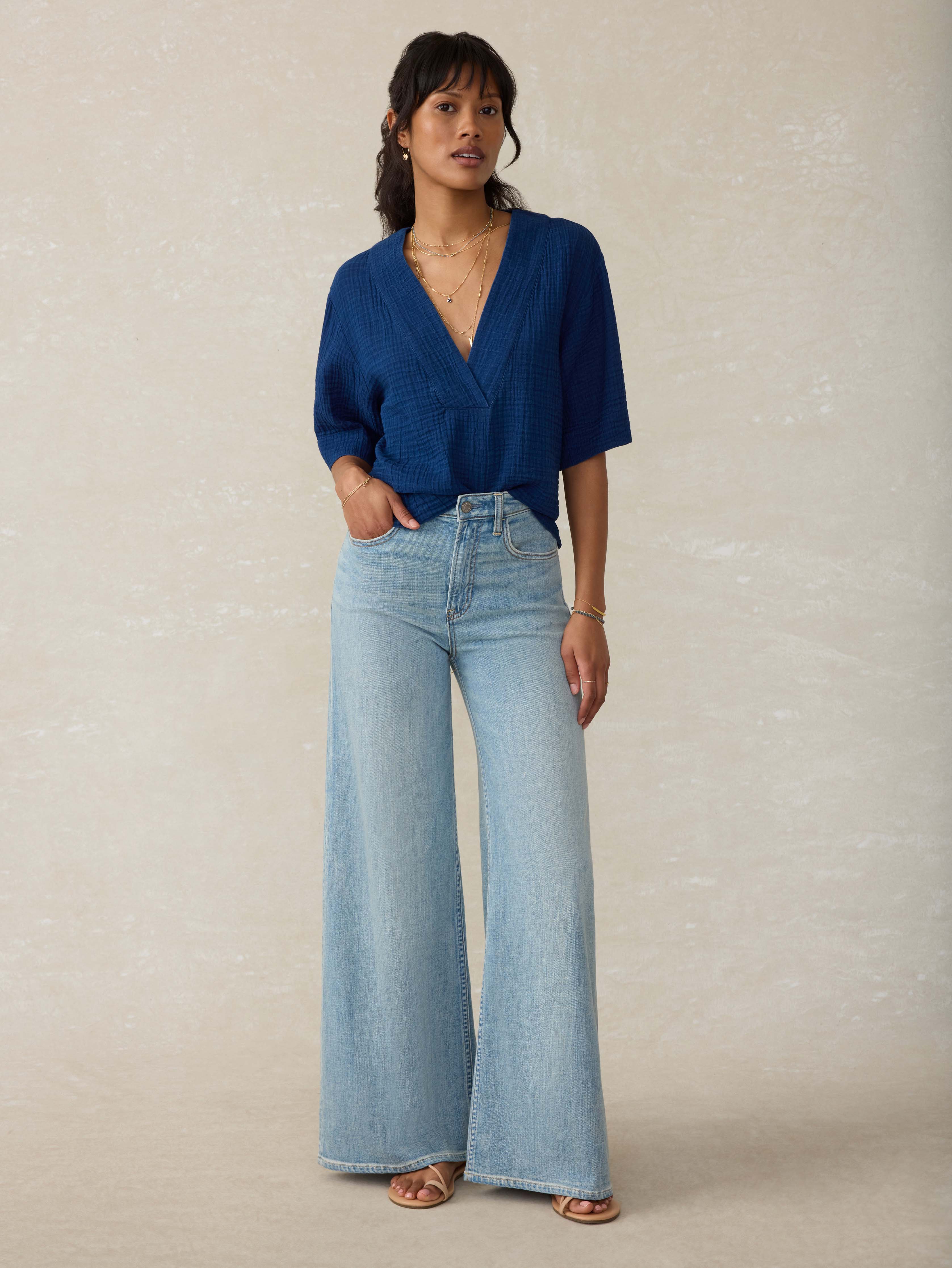 Dune Cotton Gauze Short Sleeve Popover - Dark Indigo Wash