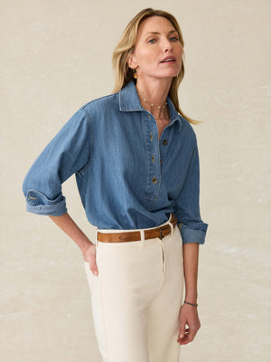 Linen Denim Oceanview Blouse - Coastal Cloud Wash