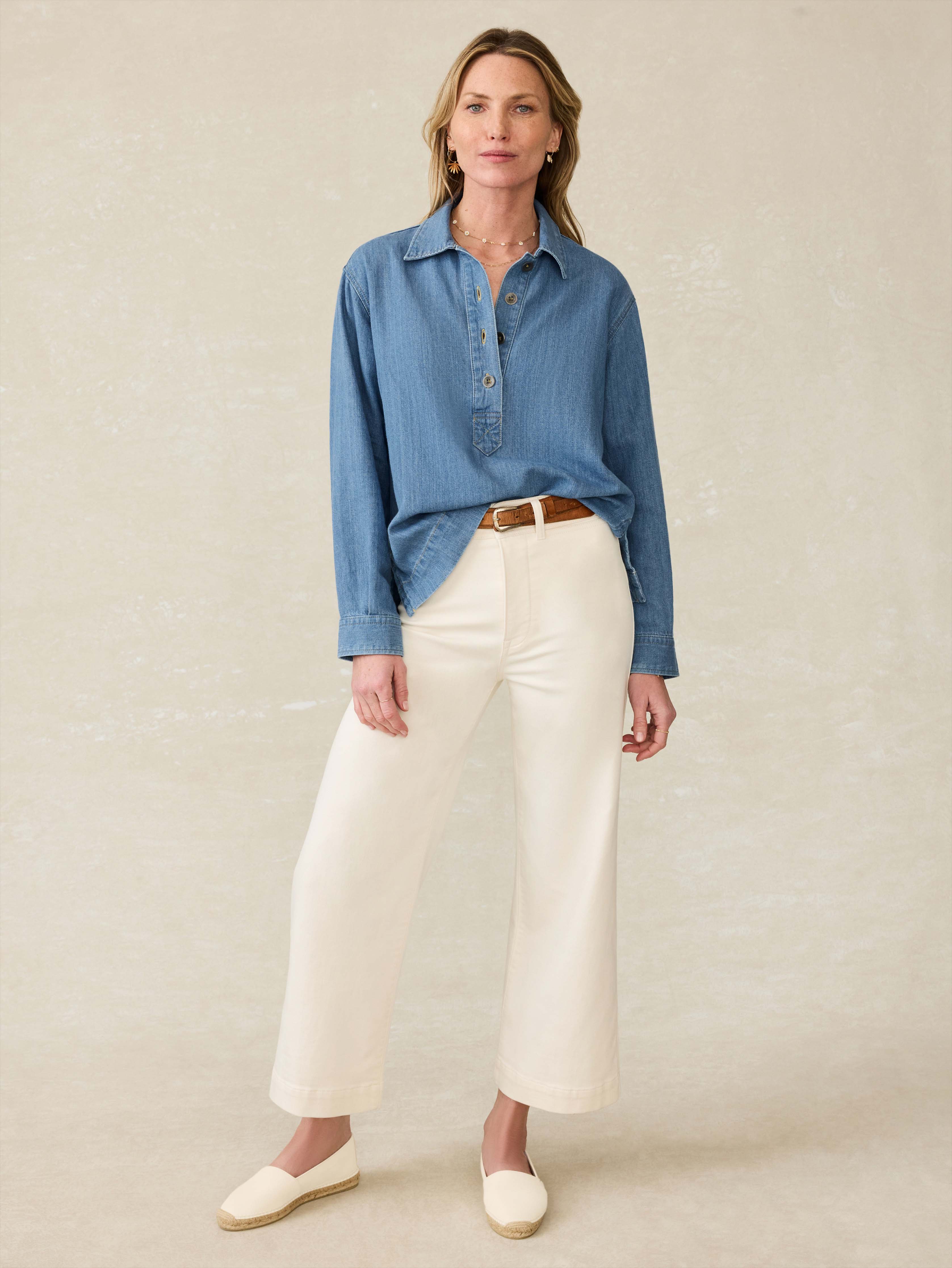 Linen Denim Oceanview Blouse - Coastal Cloud Wash