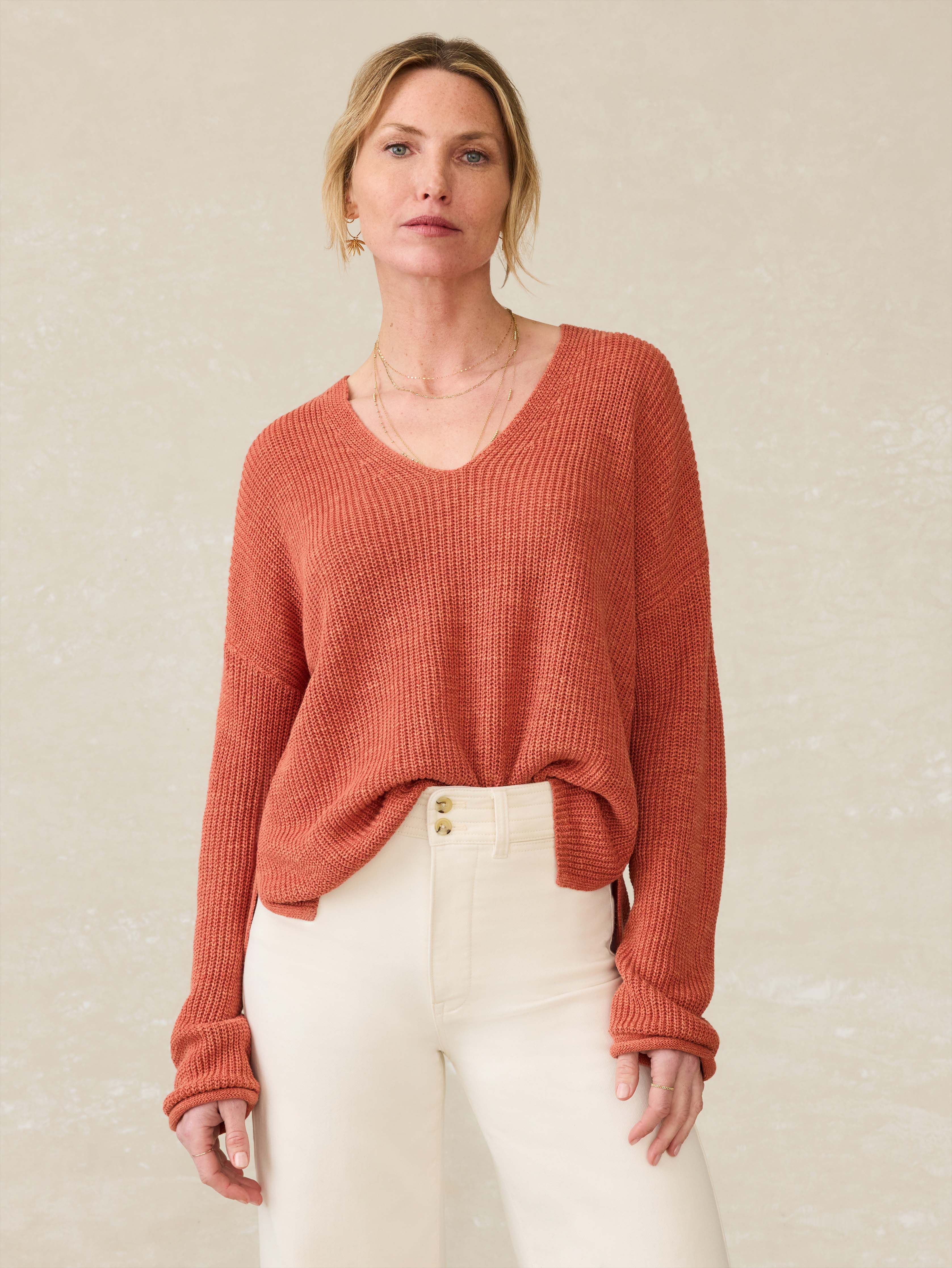 Miramar Linen V-Neck Sweater - Red Rock