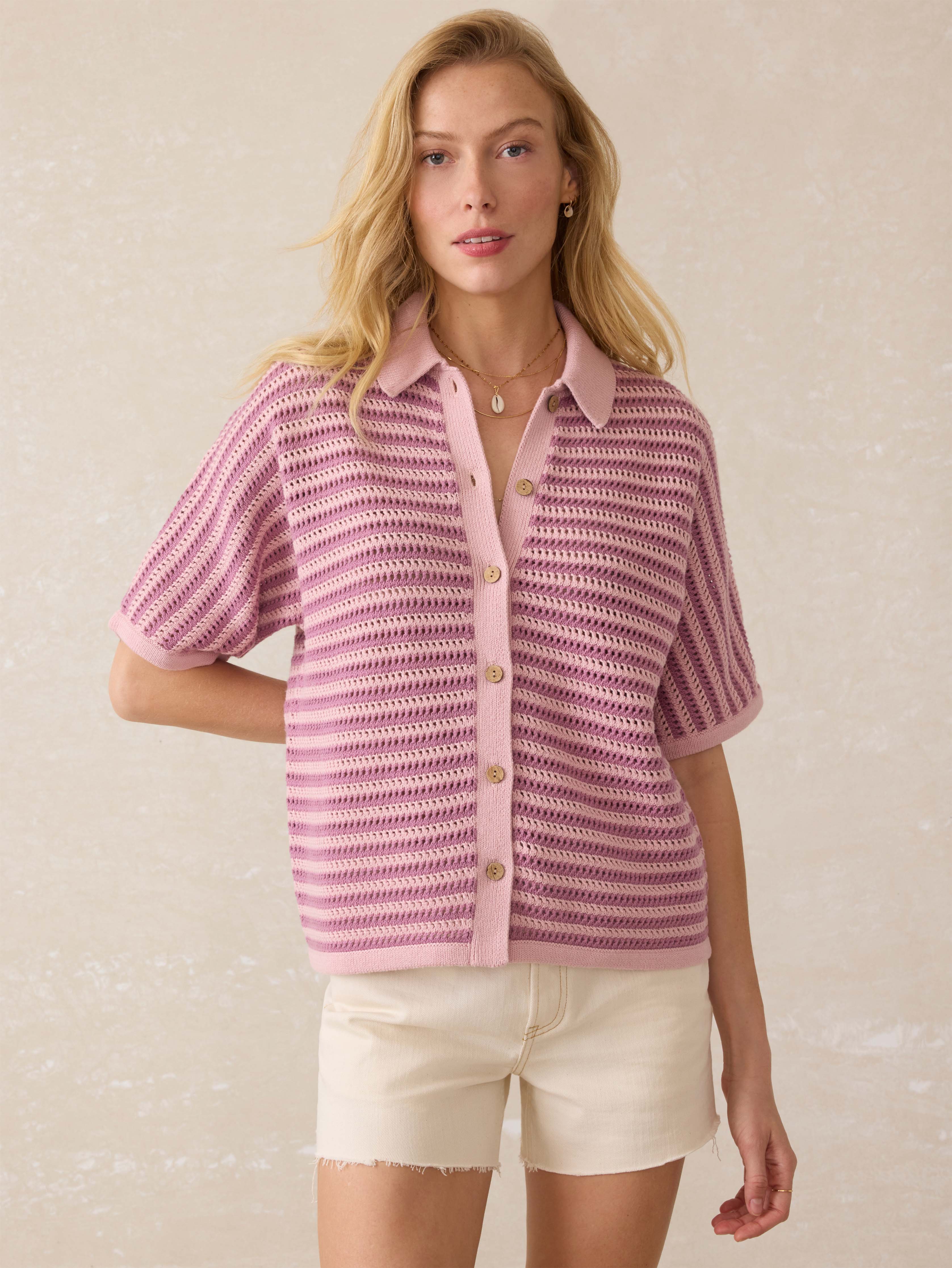 Seacoast Crochet Cabana Shirt - Mini Orchid Stripe