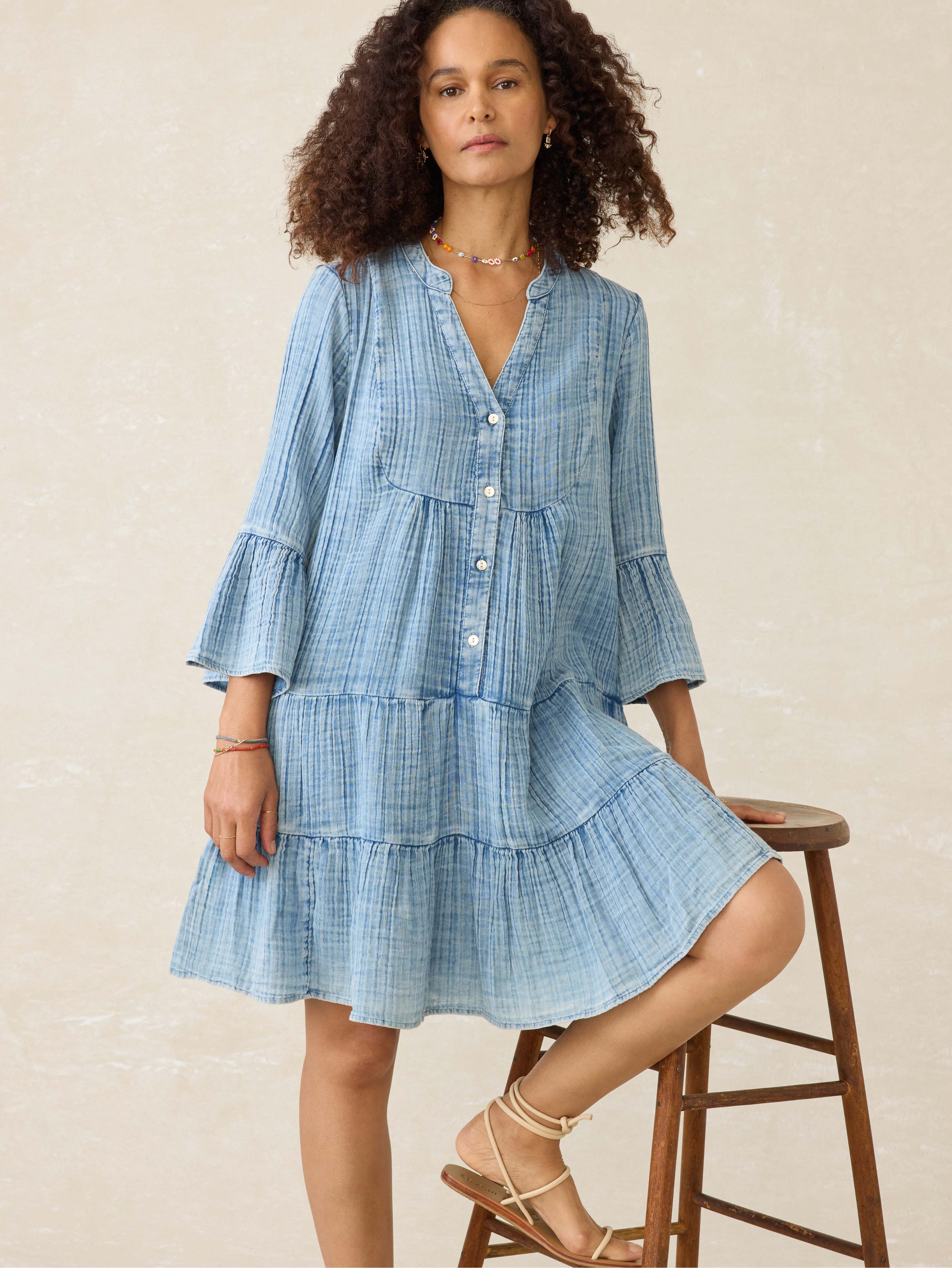 Dune Cotton Gauze Kasey Dress - Light Indigo Wash