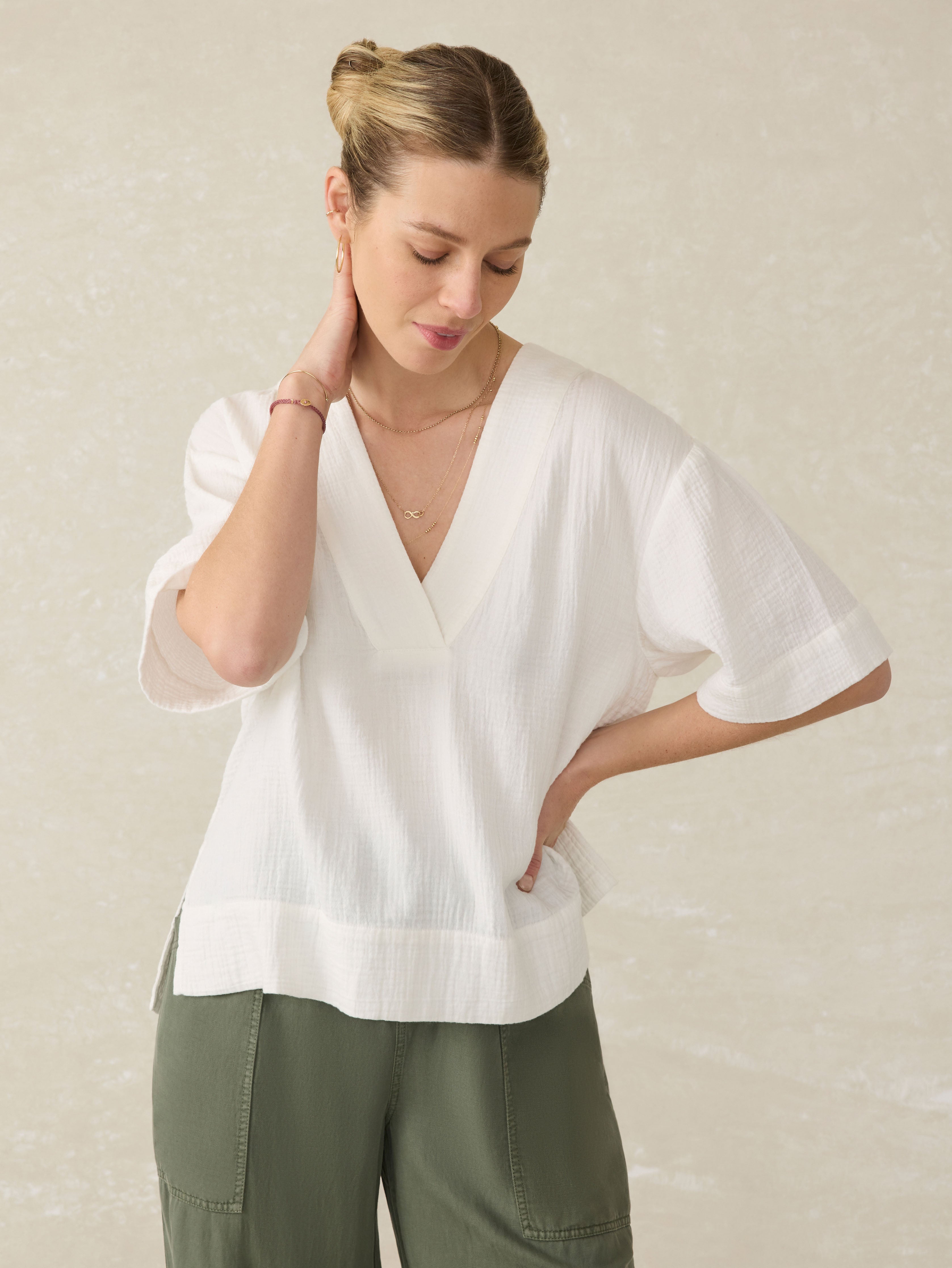 Dune Cotton Gauze Short Sleeve Popover - White