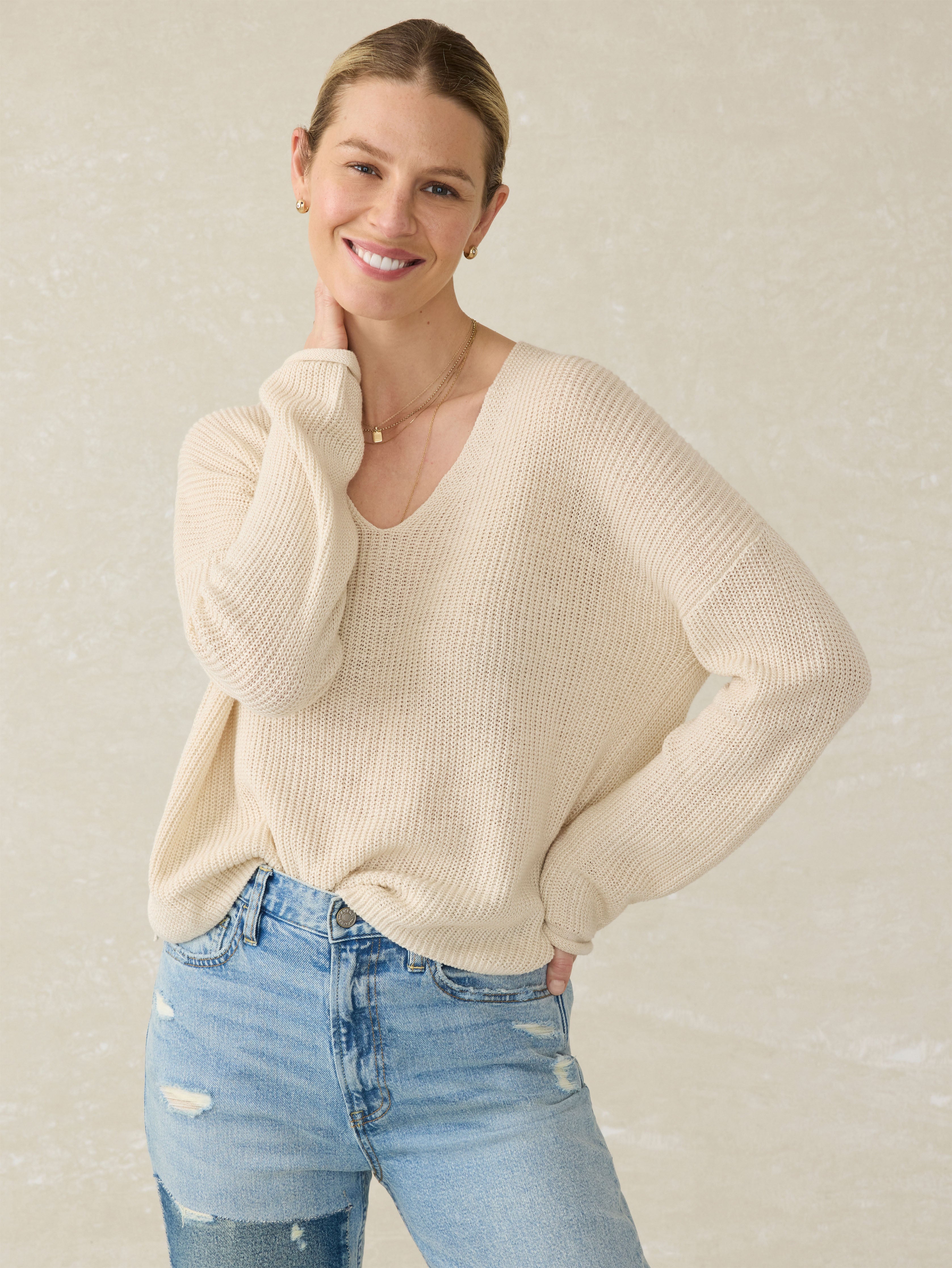 Miramar Linen V-Neck Sweater - Summer Sand