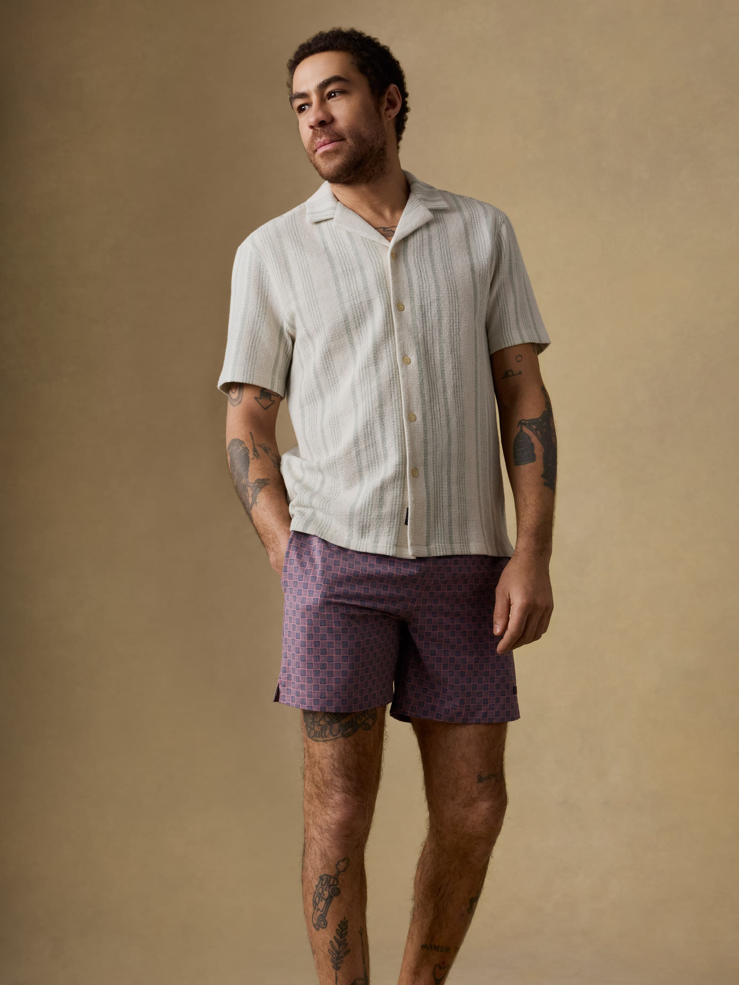Man wearing an ivory and green striped short sleeve button up shirt and purple checkered swim trunks against a beige background