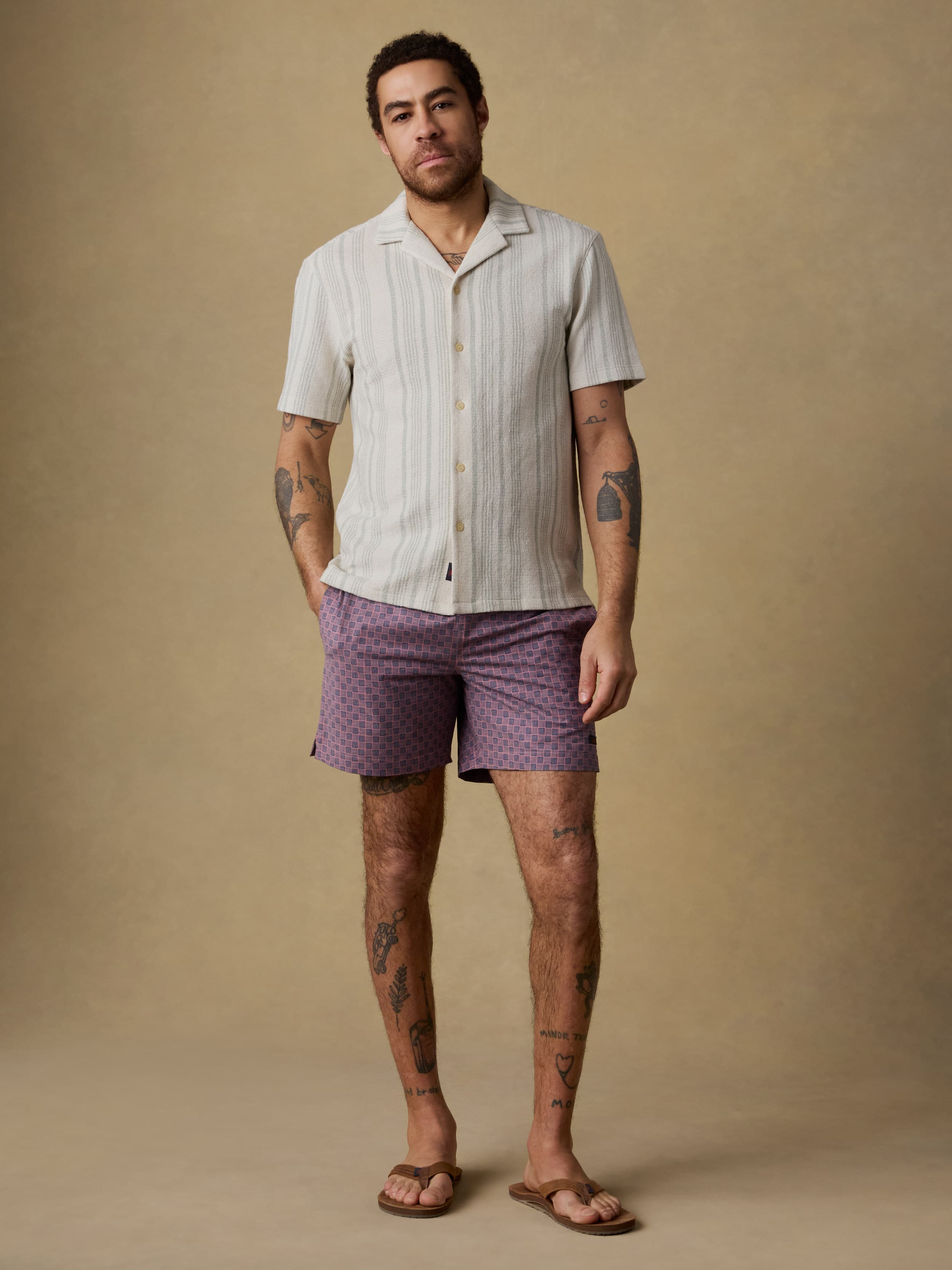 Man wearing an ivory and green striped short sleeve button up shirt and purple swim trunks against a beige background
