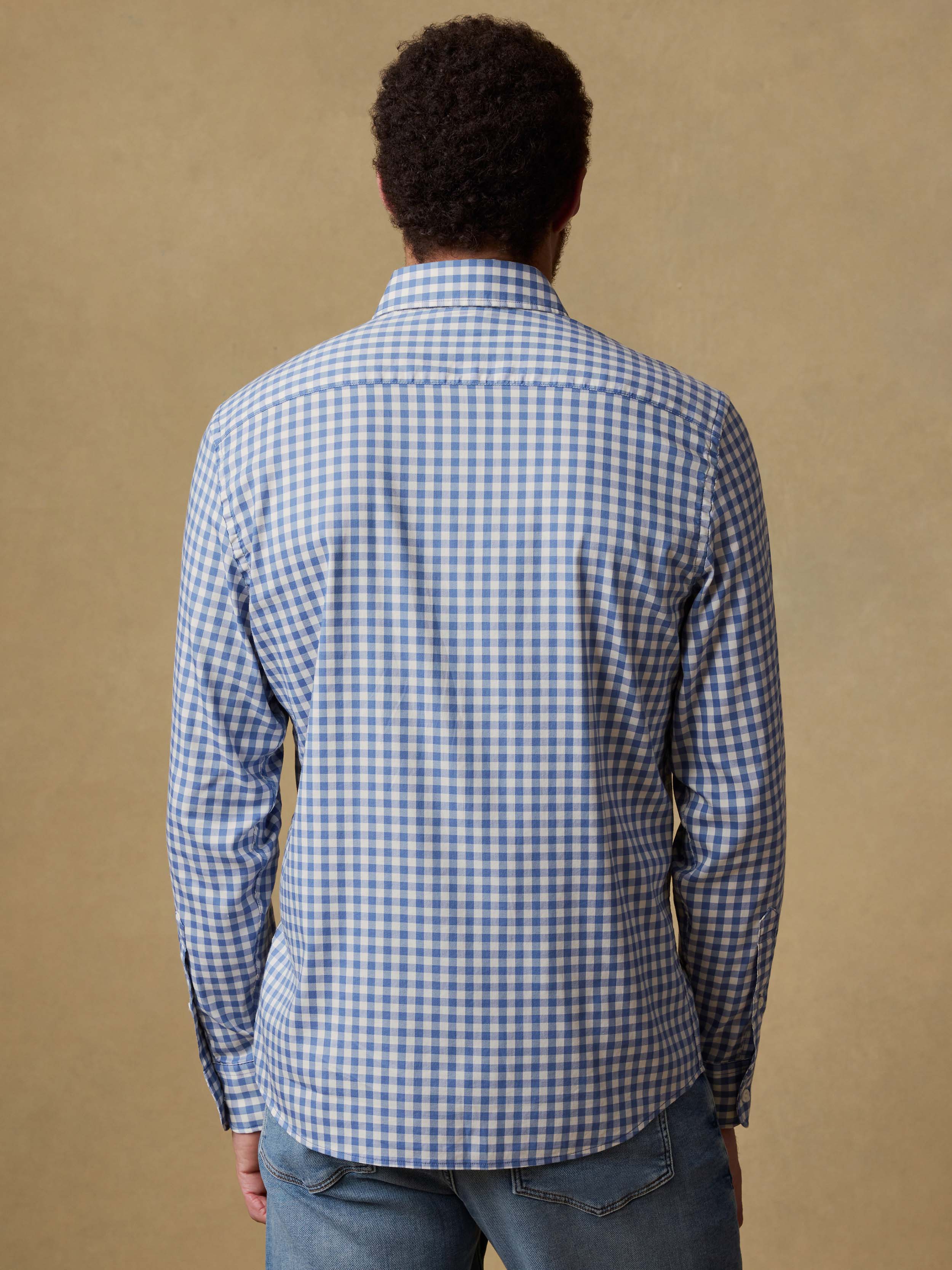 Back view of a man wearing a blue and white checkered shirt and blue jeans against a beige background