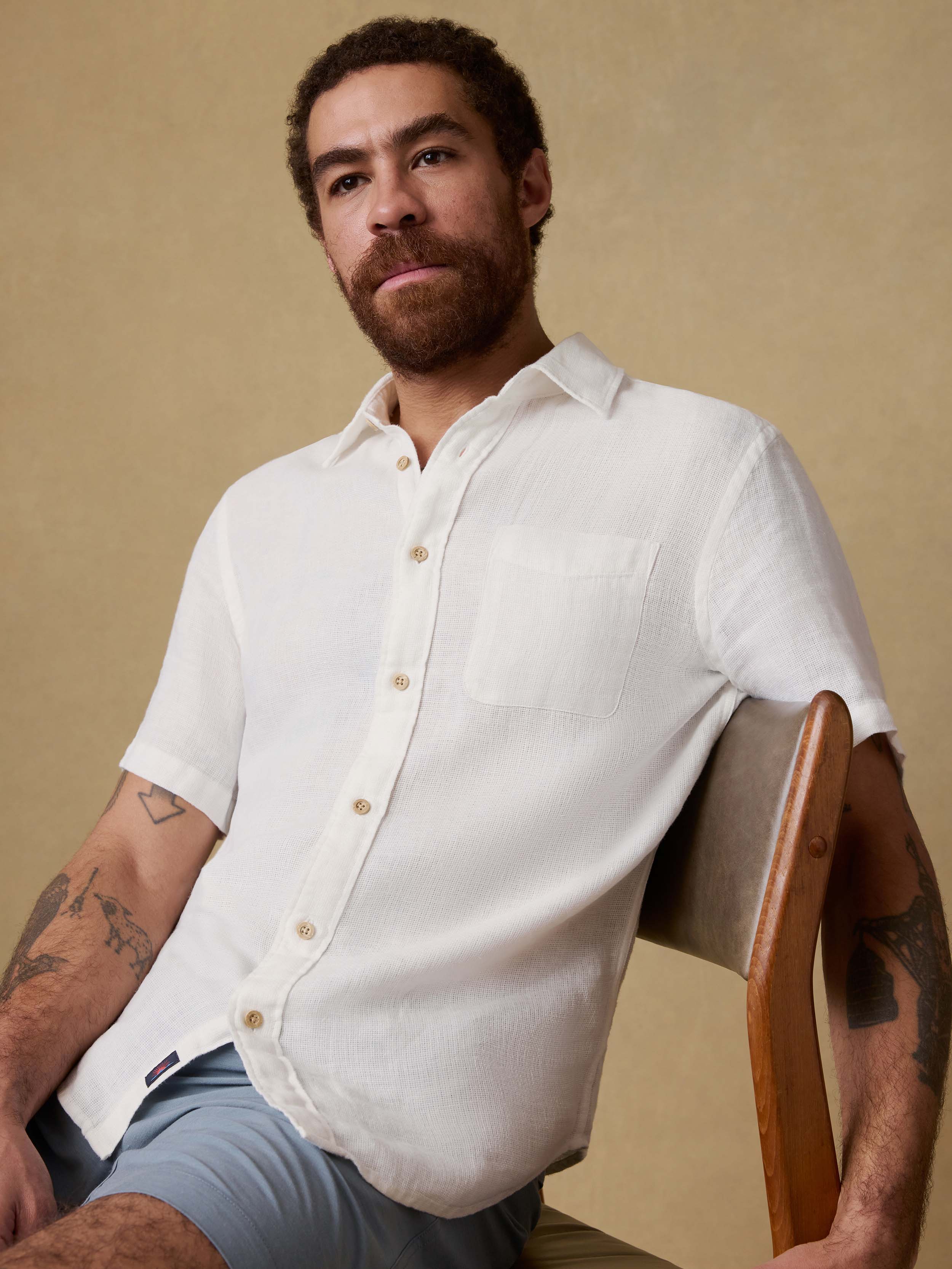 Faherty Men's Palma Linen Short Sleeve Shirt, XXL, Bright White Basketweave Faherty Men's Palma Linen Short Sleeve Shirt, XXL, Bright White Basketweave