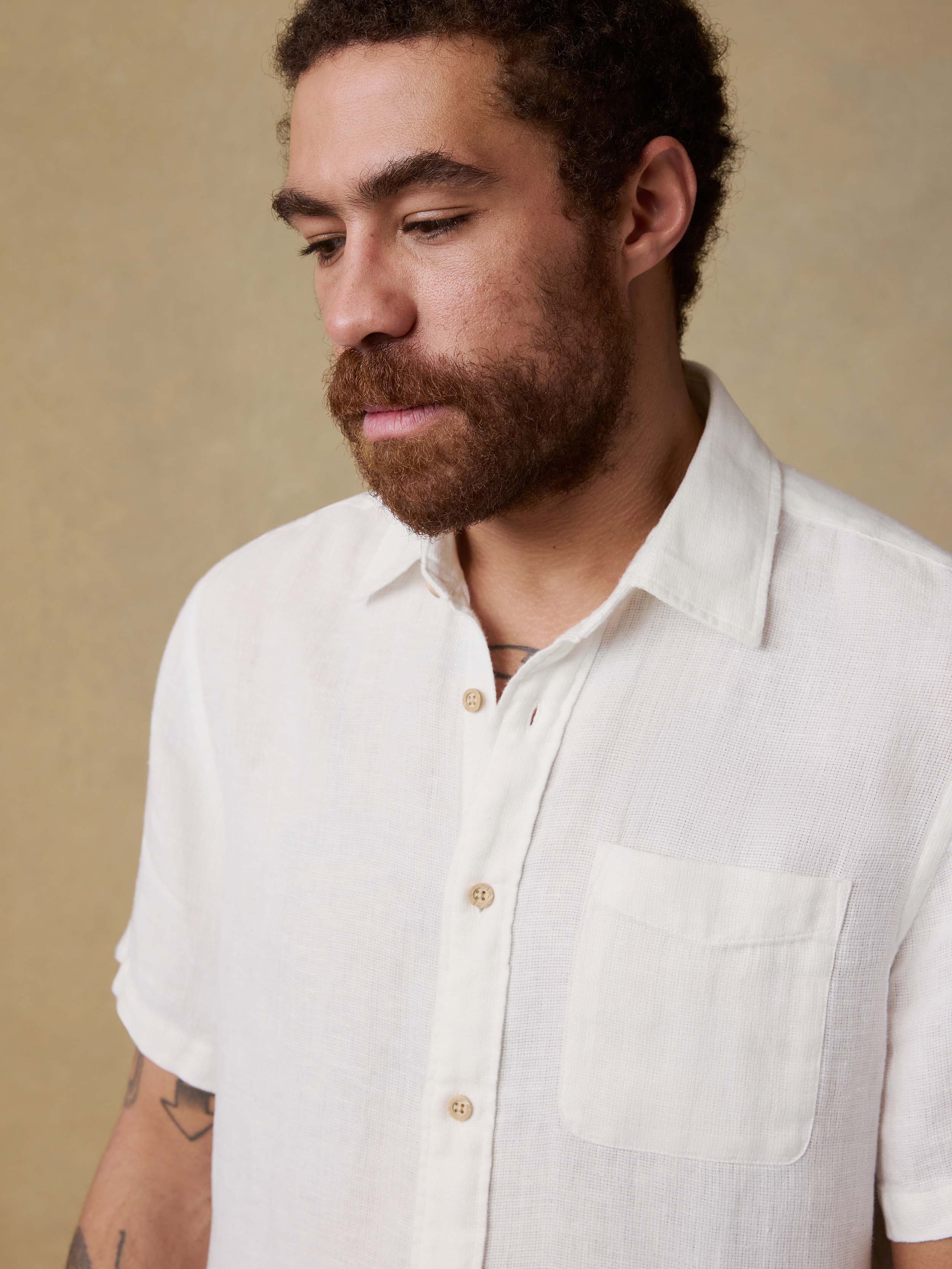 Faherty Men's Palma Linen Short Sleeve Shirt, XXL, Bright White Basketweave Faherty Men's Palma Linen Short Sleeve Shirt, XXL, Bright White Basketweave