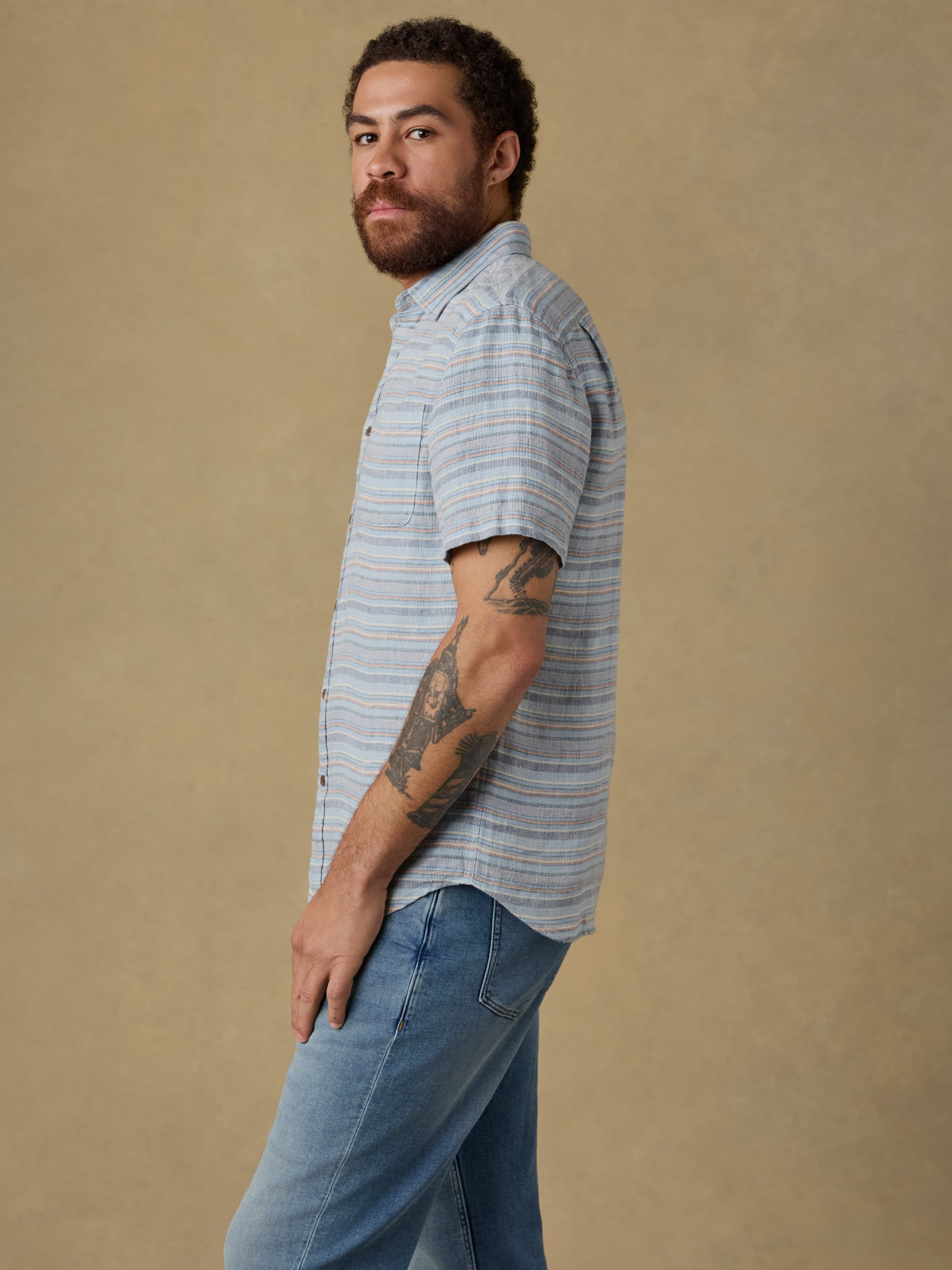 Short-Sleeve Palma Linen Shirt - Blue Gulf Stripe