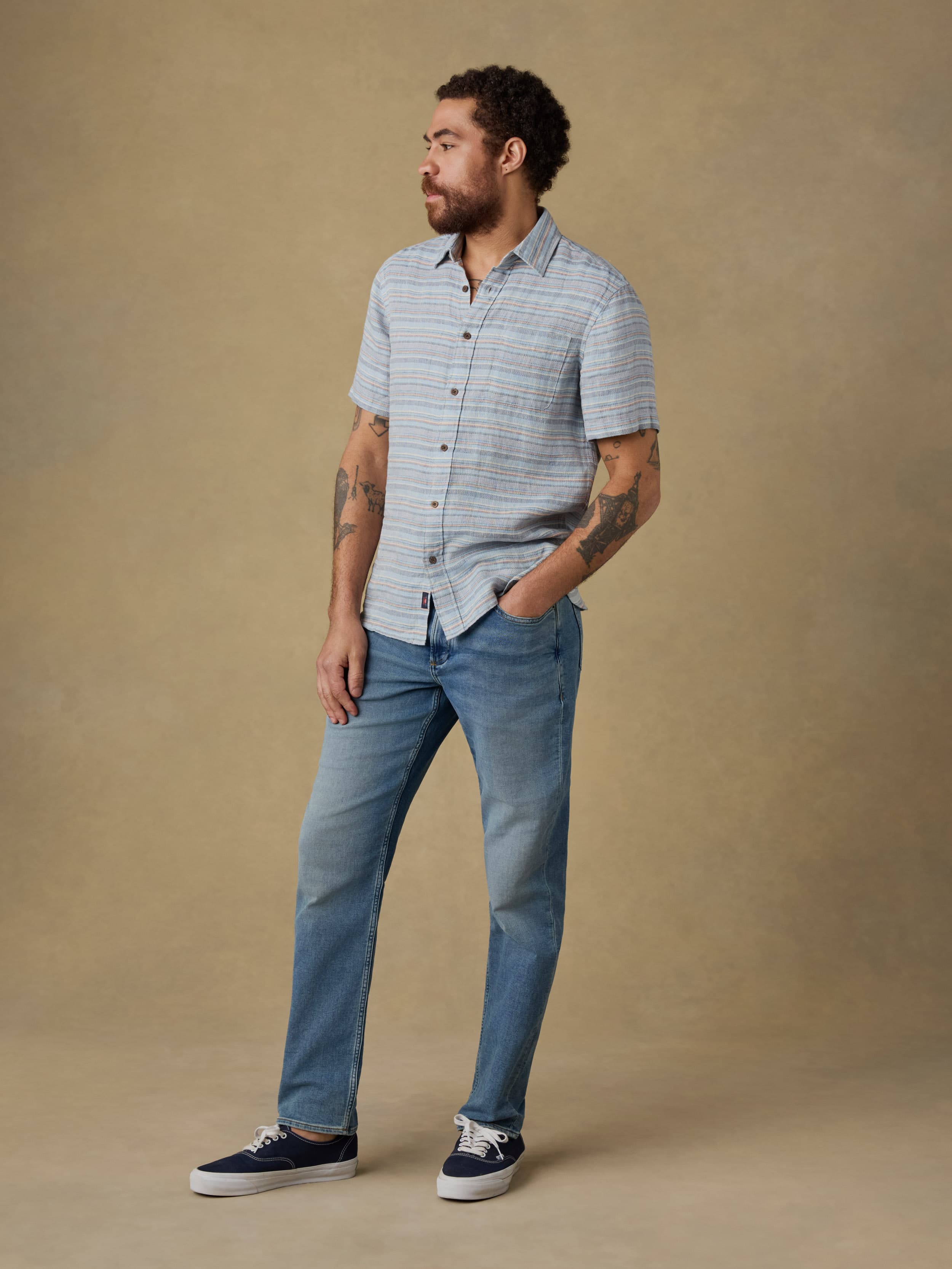 Faherty Men's Short-Sleeve Palma Linen Shirt - Blue Gulf Stripe, Size XS