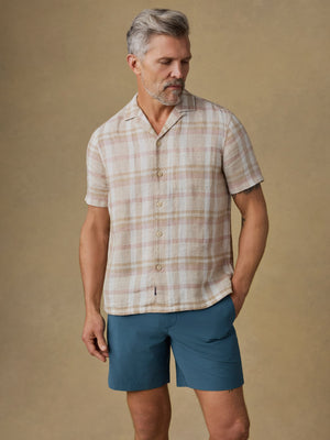 Short-Sleeve Palma Linen Camp Shirt - Mauve Sand Plaid