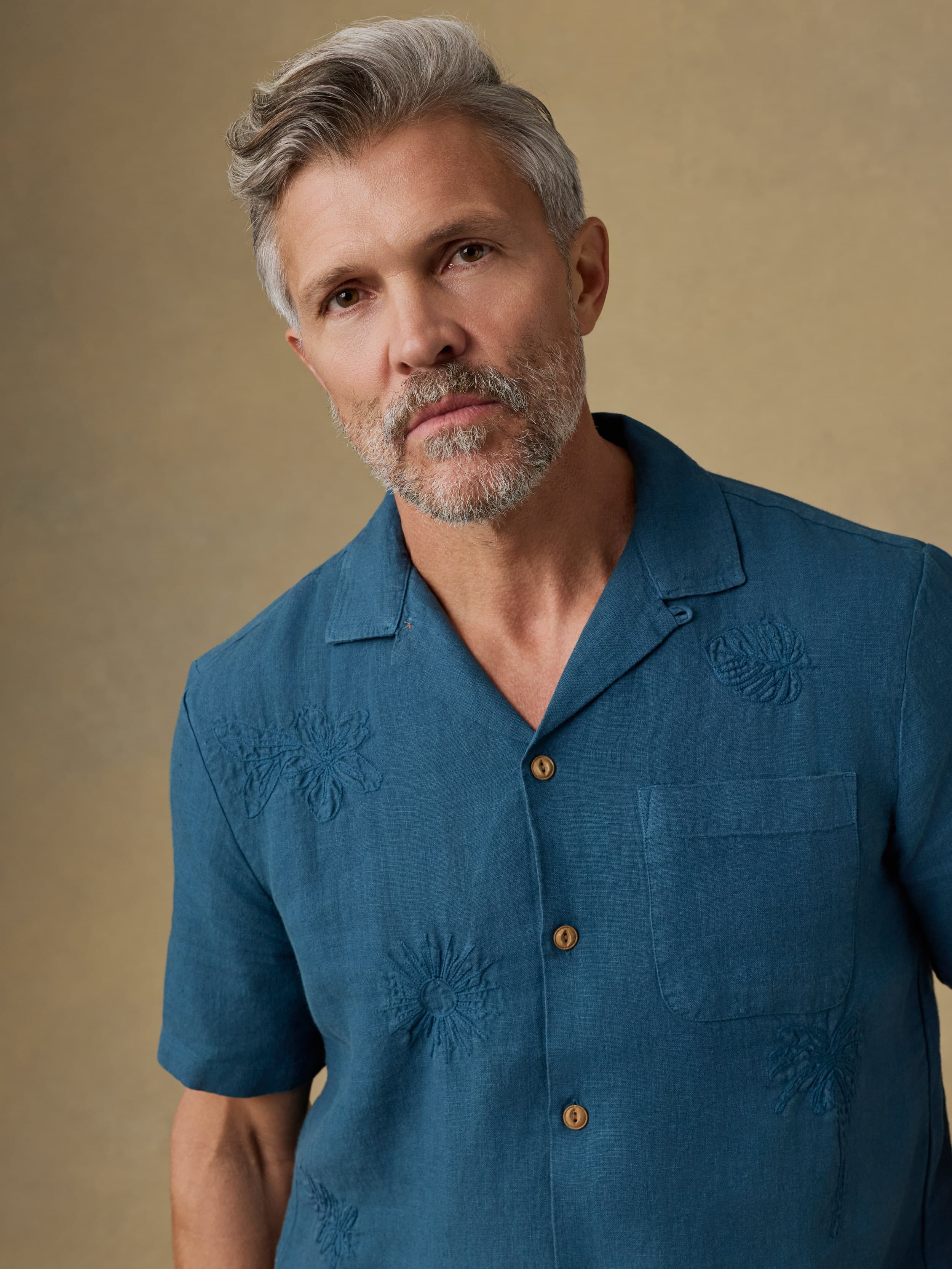 mens embroidered dress shirts Faherty Brand Men's Short Sleeve Embroidered Shirt