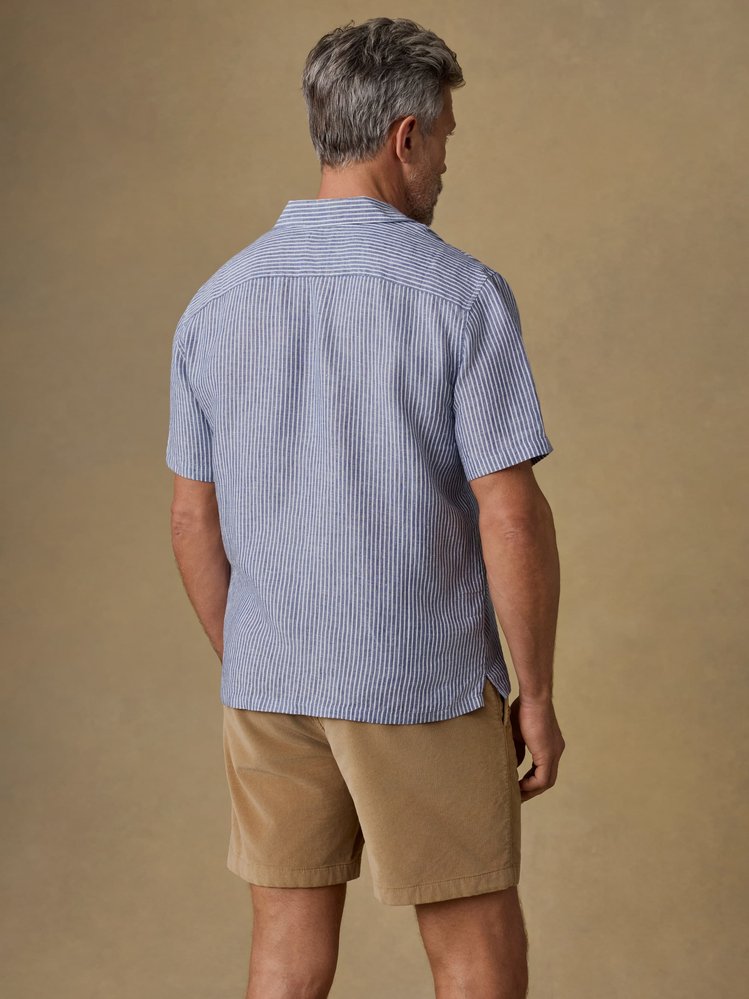 Man wearing a blue striped shirt and beige shorts against a brown background