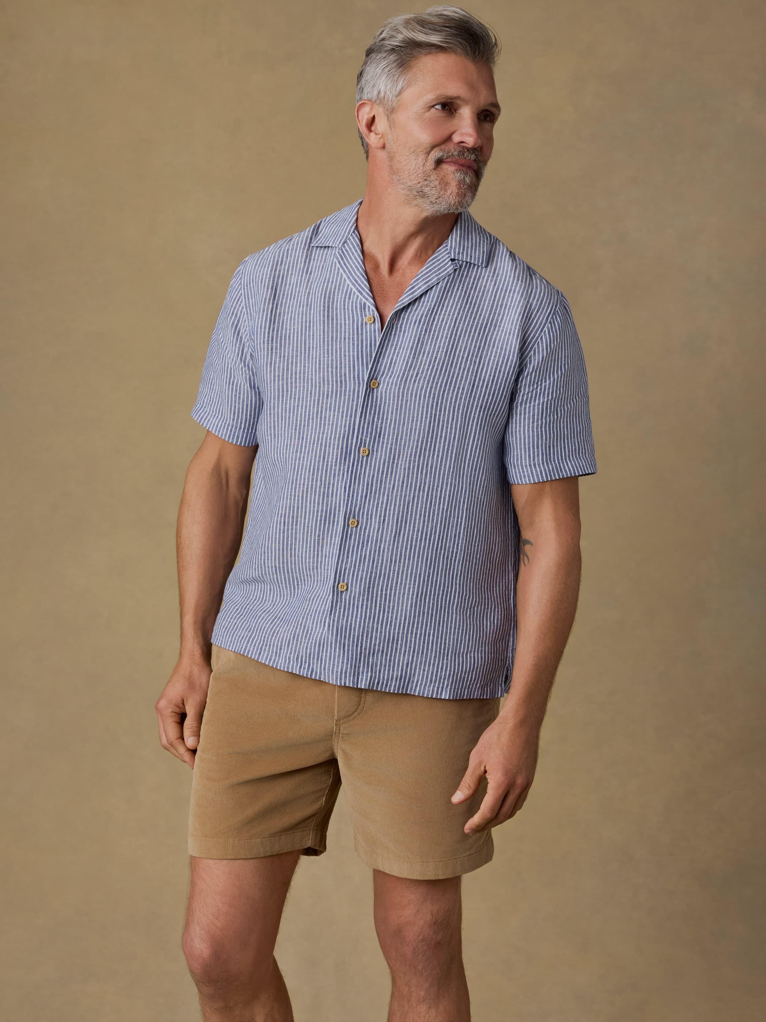 Man wearing a blue striped shirt and beige shorts against a brown background