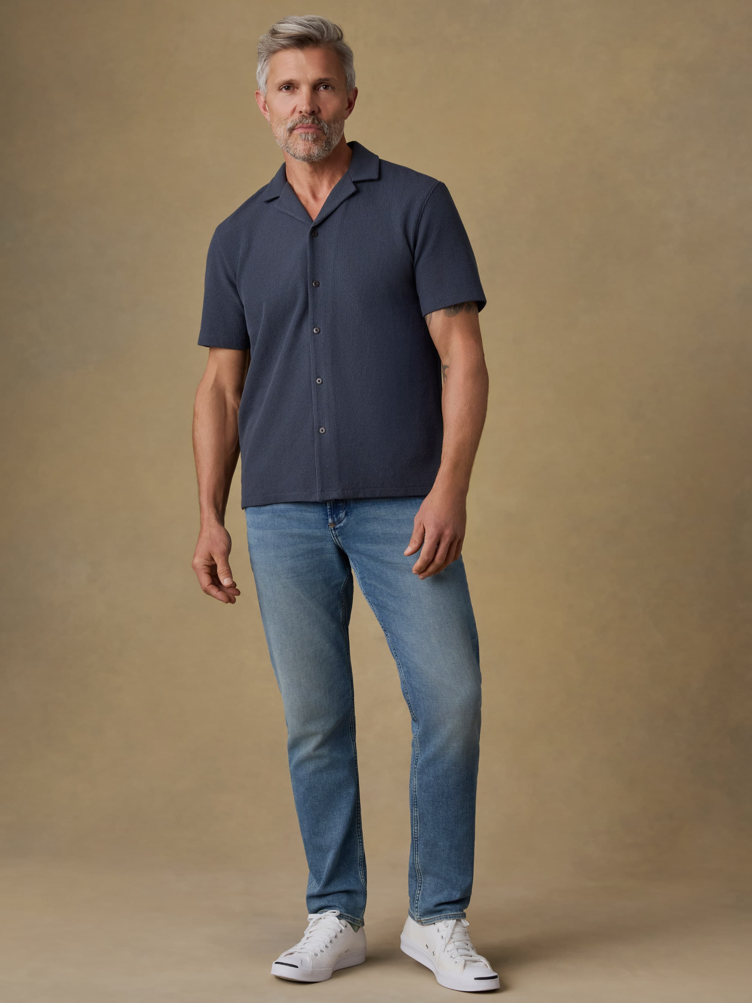 light blue dress shirt navy pants Faherty Men's Short-Sleeve Oasis Camp Shirt