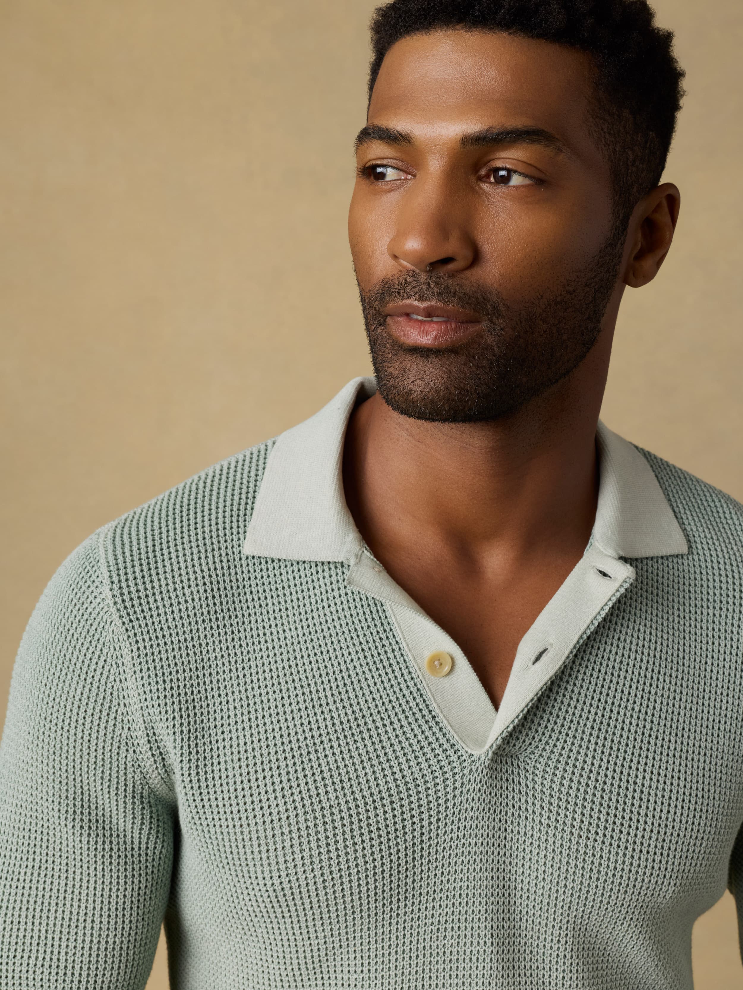 Close-up of a man wearing a light green polo sweater on a beige background