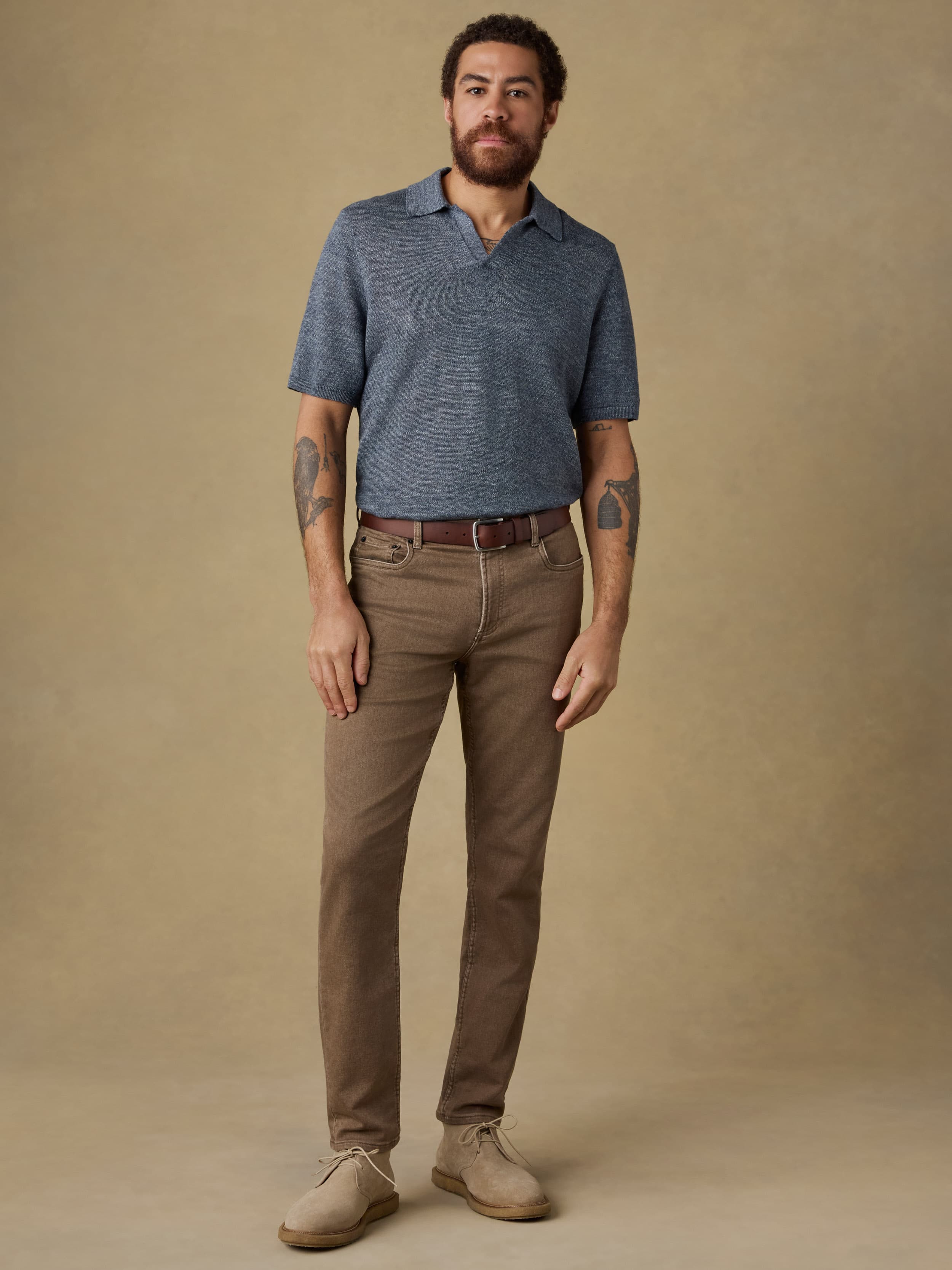 grey dress shirt with khaki pants Faherty Men's Short-Sleeve Linen Sweater Polo
