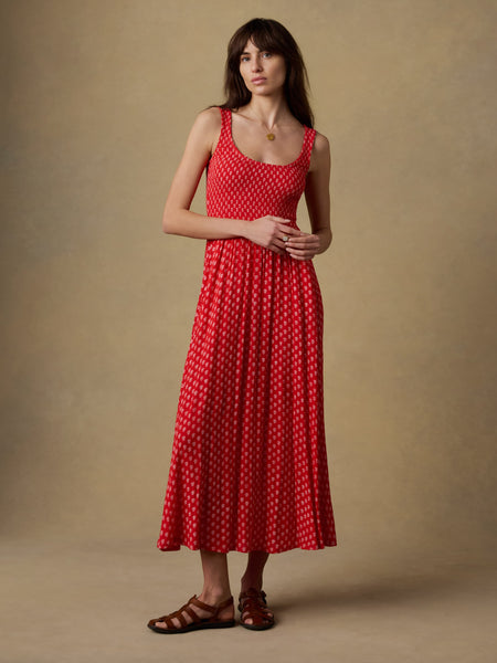 red tea length dress Sophia Smocked Dress - Red Lotus Floral