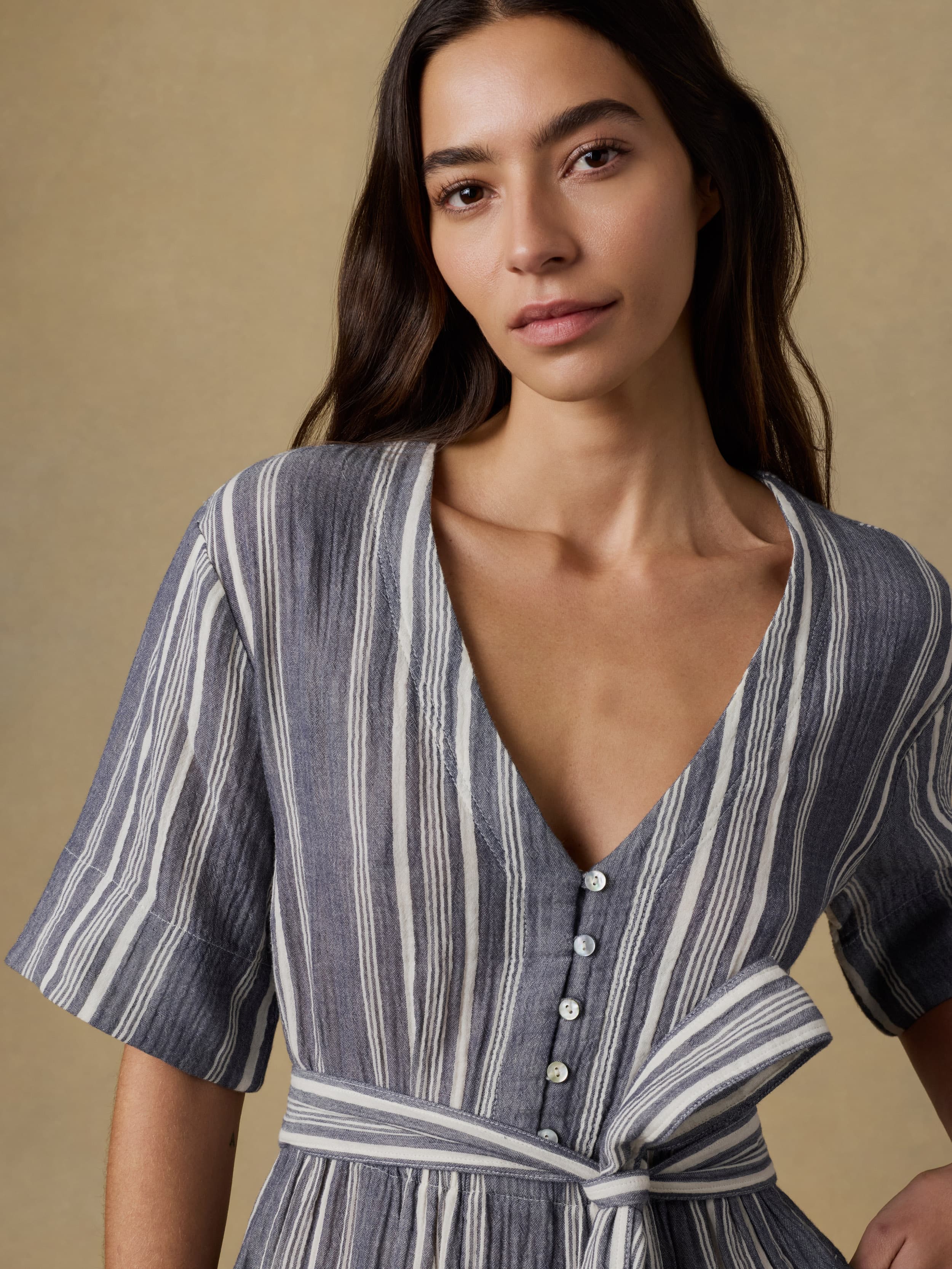 airy gauze empire waist midi dress in stripe Empire Waist Long Sleeve Bow Shoulder Gown